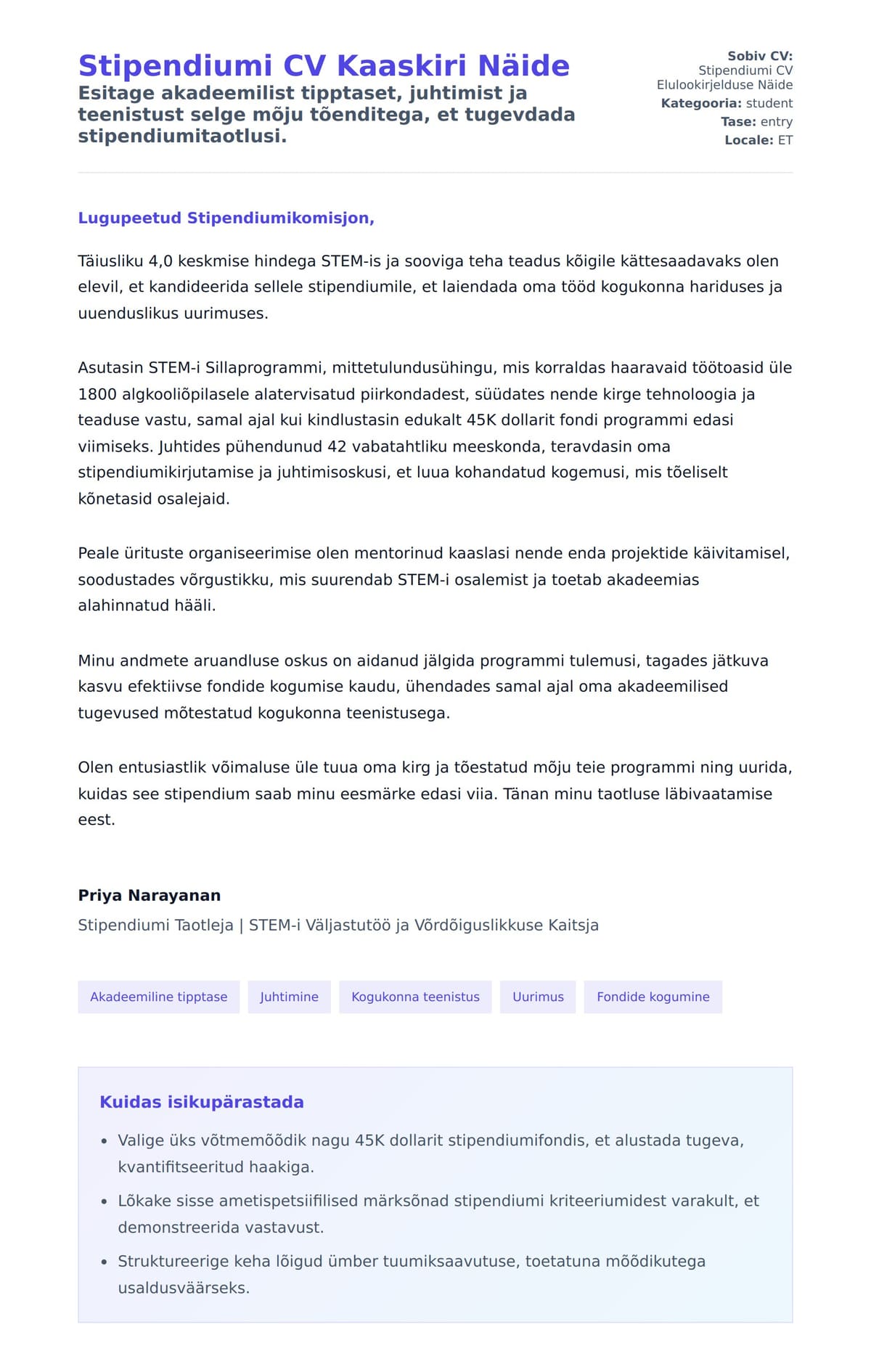 Kaaskirja eelvaade Stipendiumi CV Kaaskiri Näide jaoks