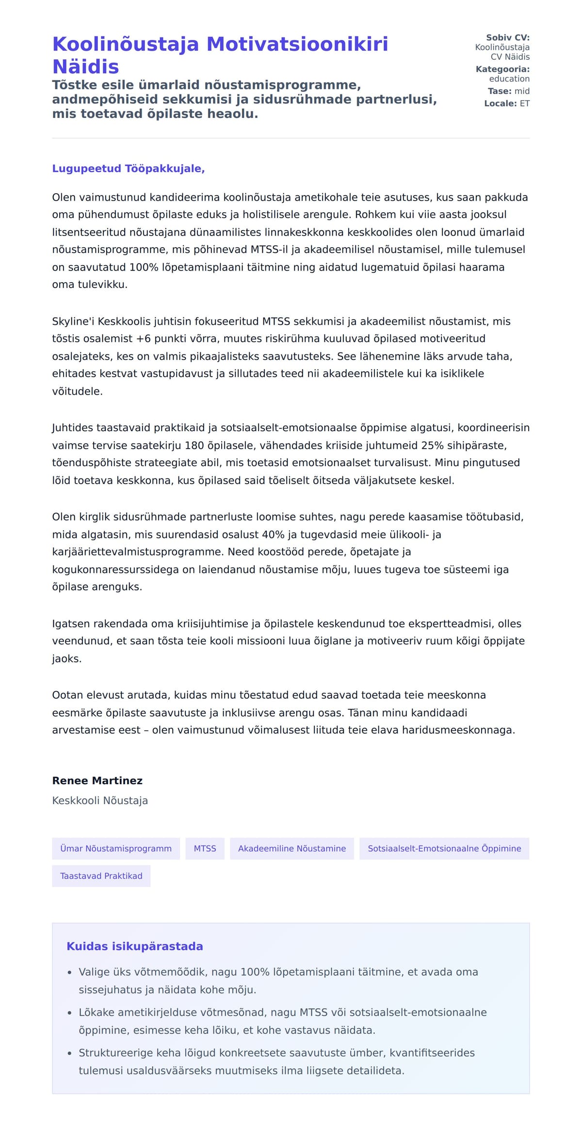 Kaaskirja eelvaade Koolinõustaja Motivatsioonikiri Näidis jaoks