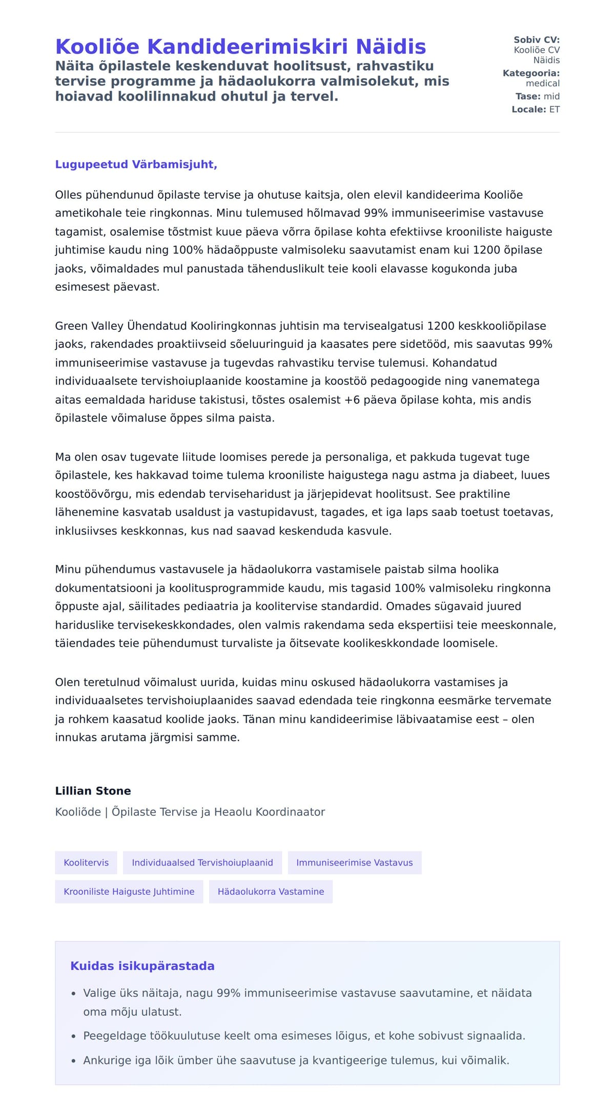 Kaaskirja eelvaade Kooliõe Kandideerimiskiri Näidis jaoks