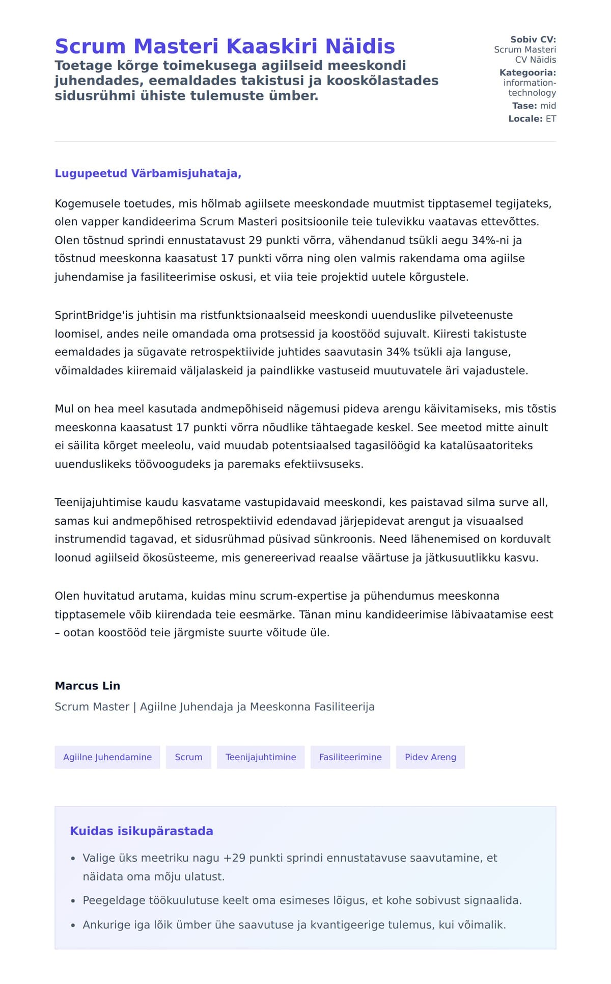 Kaaskirja eelvaade Scrum Masteri Kaaskiri Näidis jaoks