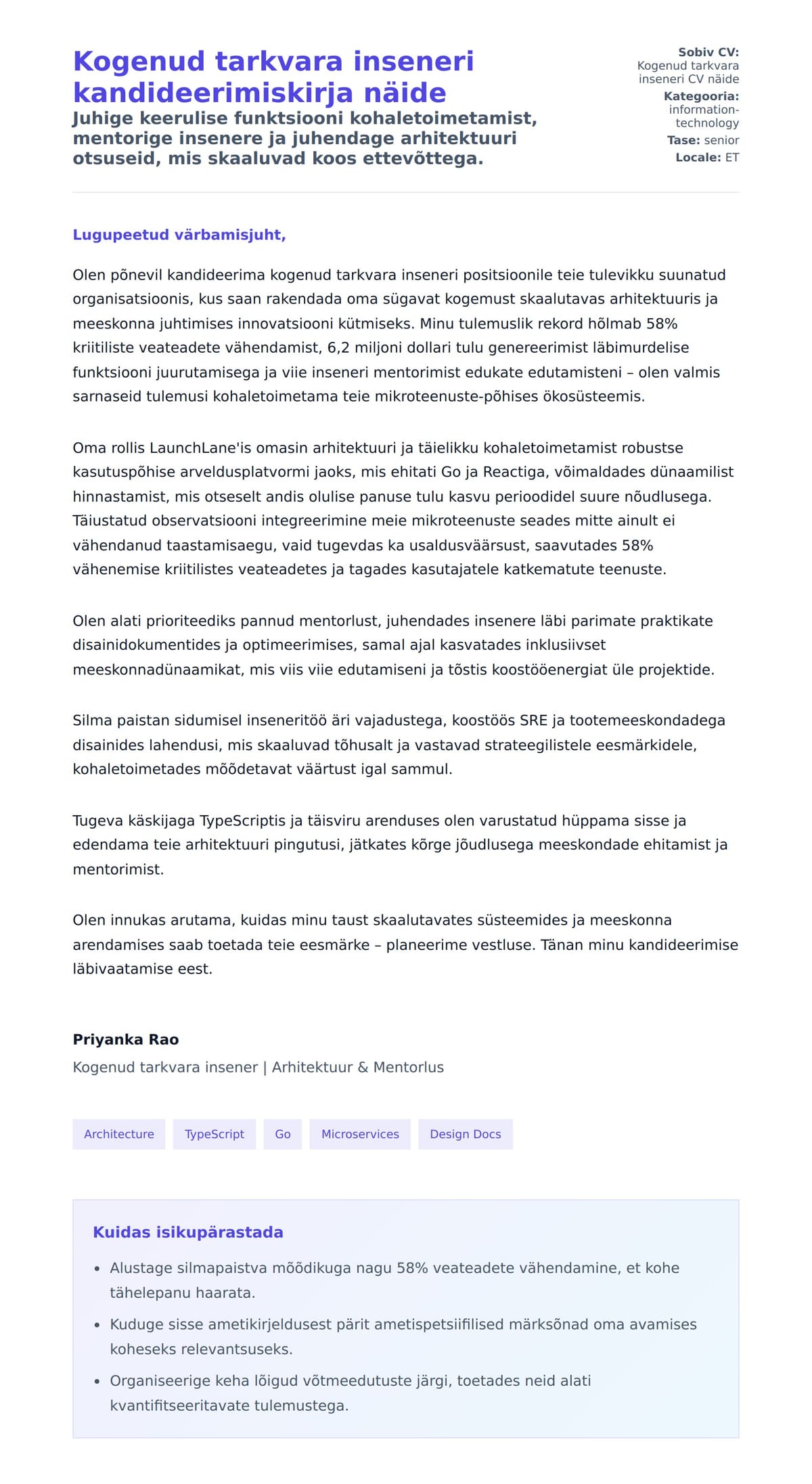 Kaaskirja eelvaade Kogenud tarkvara inseneri kandideerimiskirja näide jaoks