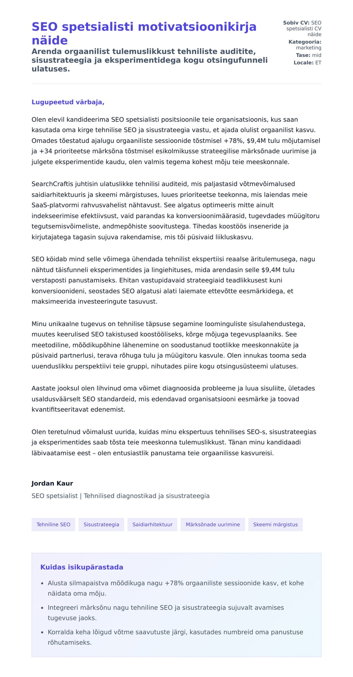 Kaaskirja eelvaade SEO spetsialisti motivatsioonikirja näide jaoks