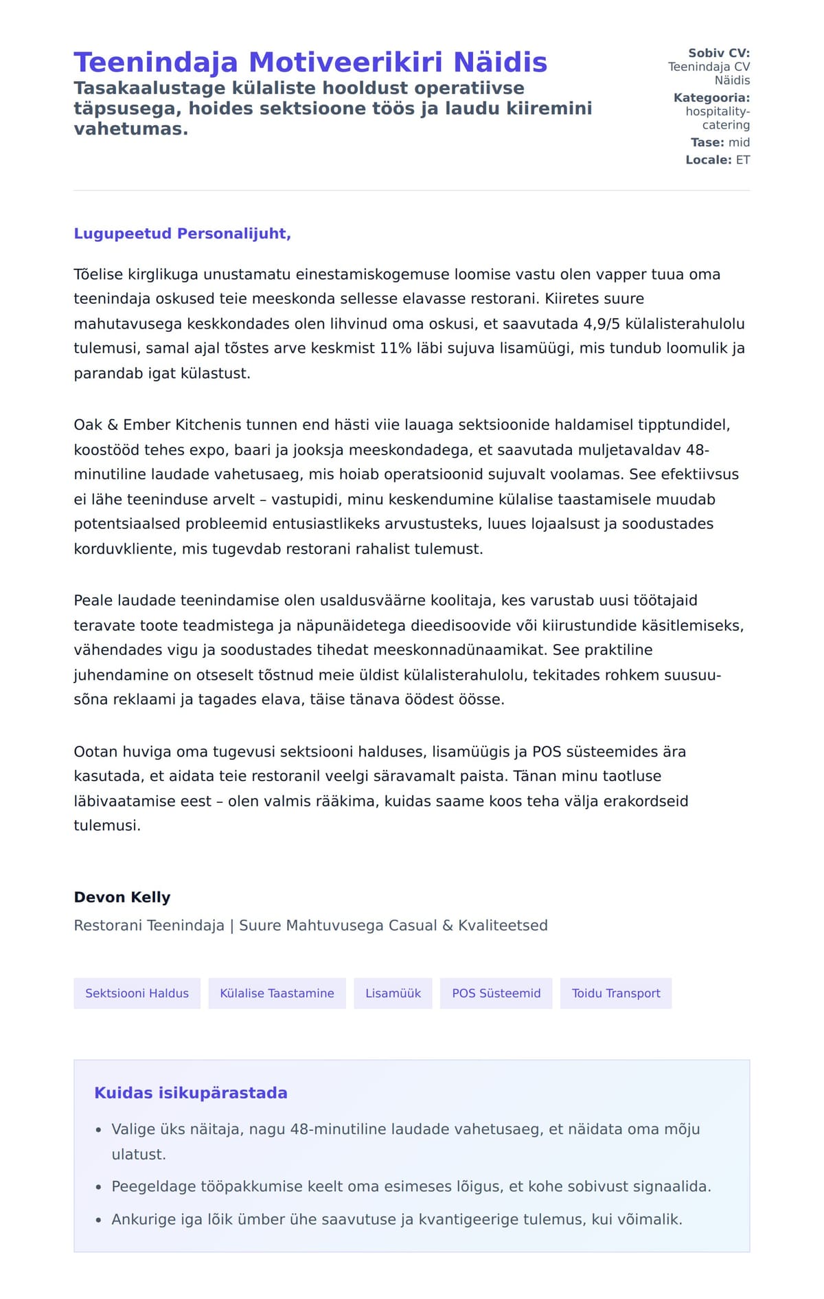 Kaaskirja eelvaade Teenindaja Motiveerikiri Näidis jaoks