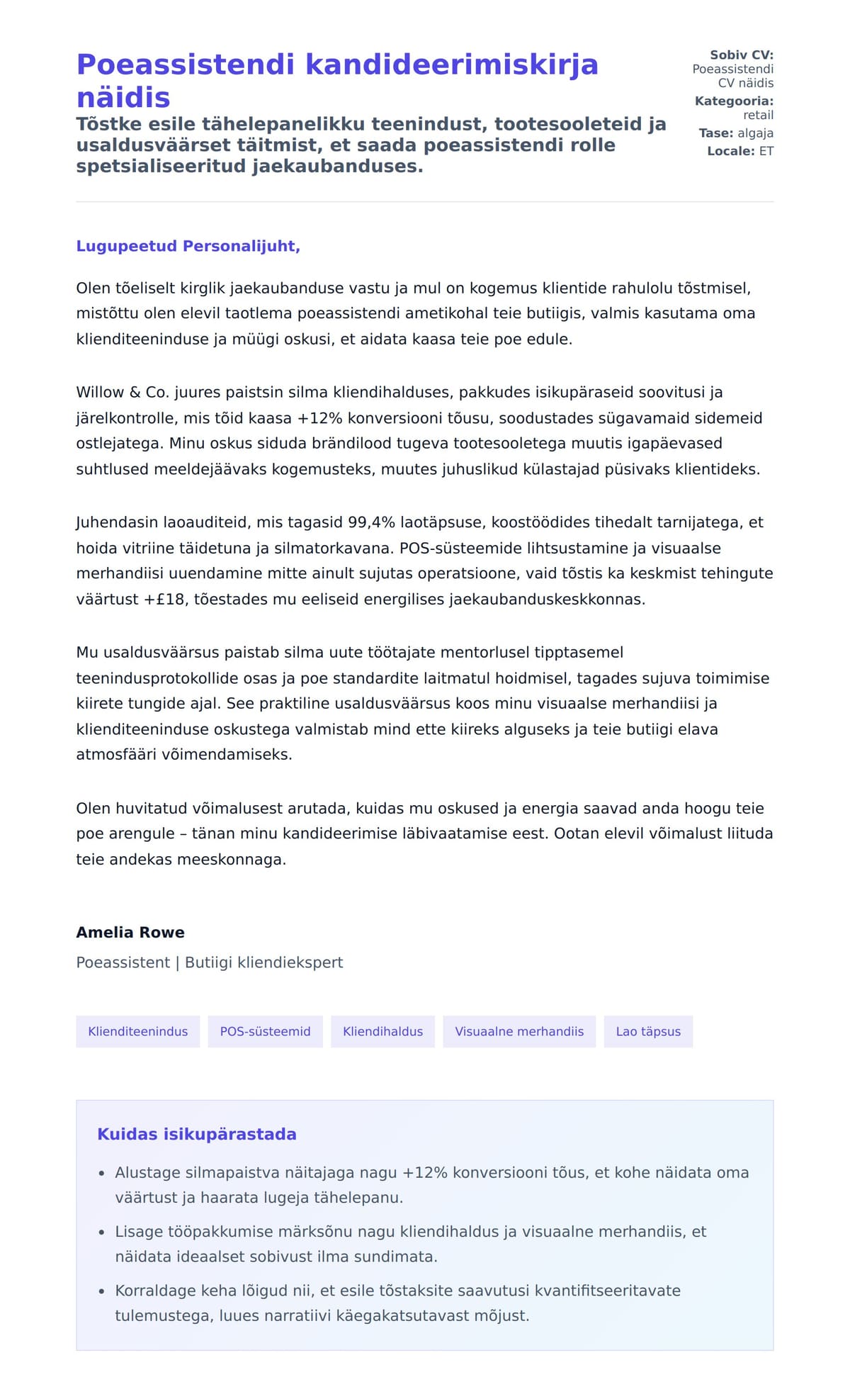 Kaaskirja eelvaade Poeassistendi kandideerimiskirja näidis jaoks
