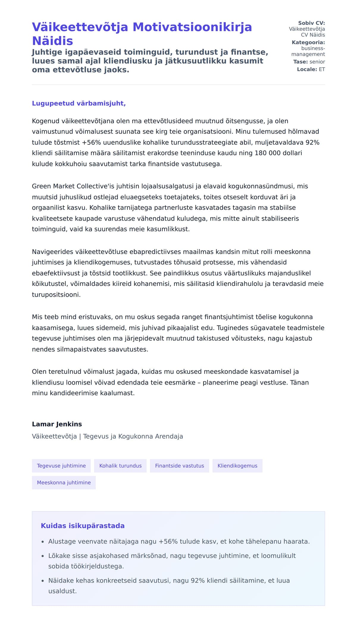 Kaaskirja eelvaade Väikeettevõtja Motivatsioonikirja Näidis jaoks
