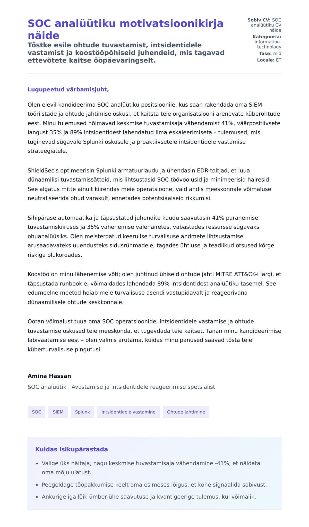 Kaaskirja eelvaade SOC analüütiku motivatsioonikirja näide jaoks