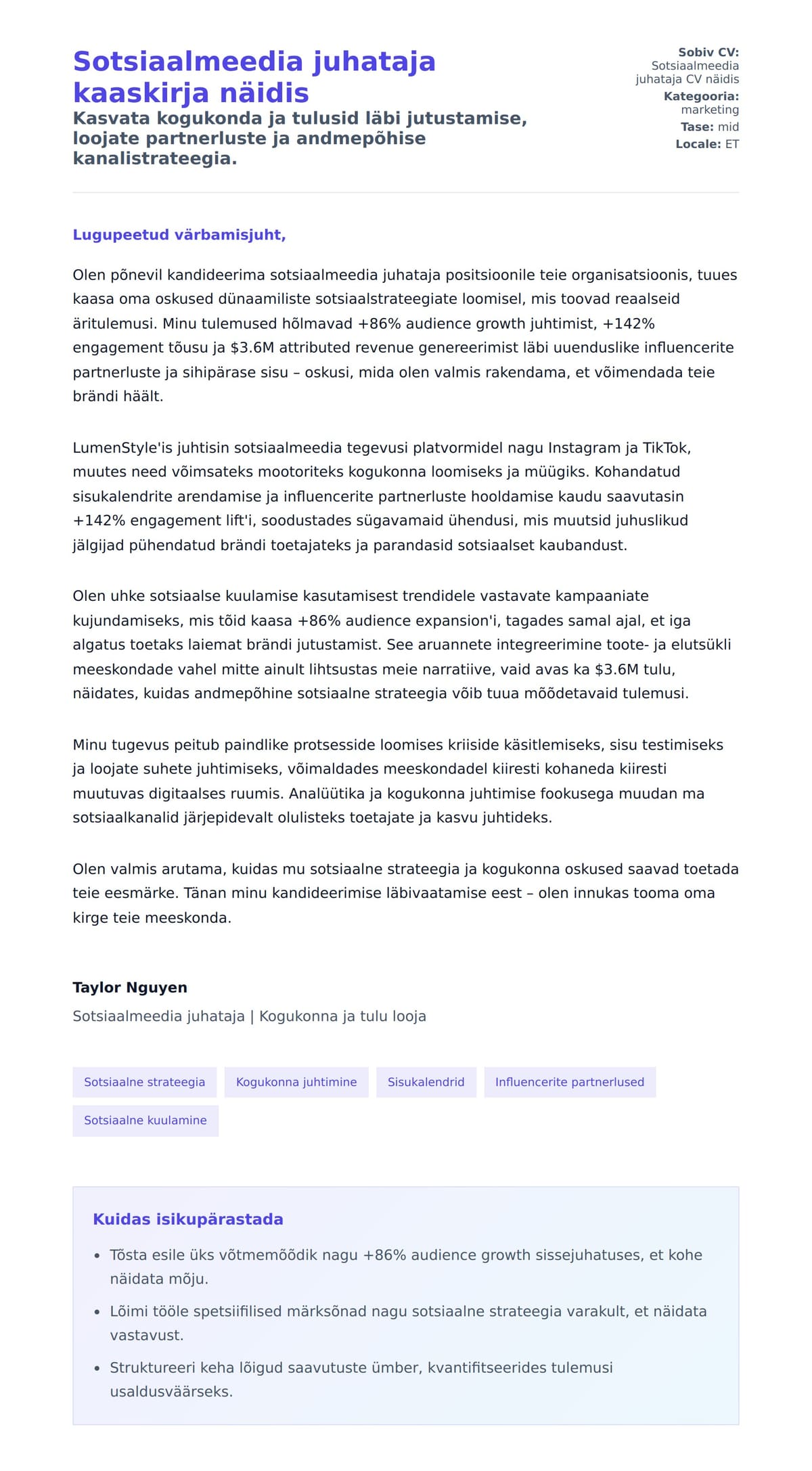 Kaaskirja eelvaade Sotsiaalmeedia juhataja kaaskirja näidis jaoks