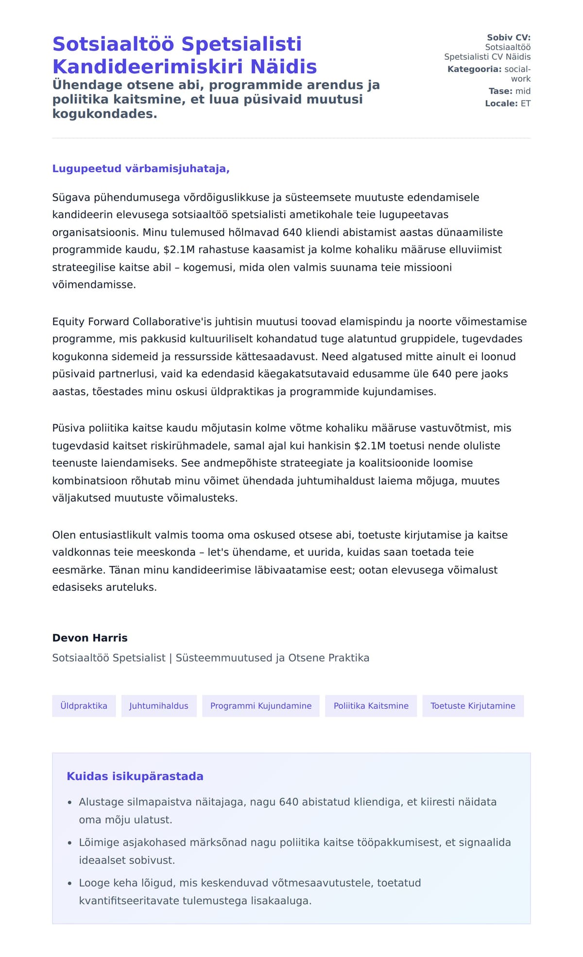 Kaaskirja eelvaade Sotsiaaltöö Spetsialisti Kandideerimiskiri Näidis jaoks