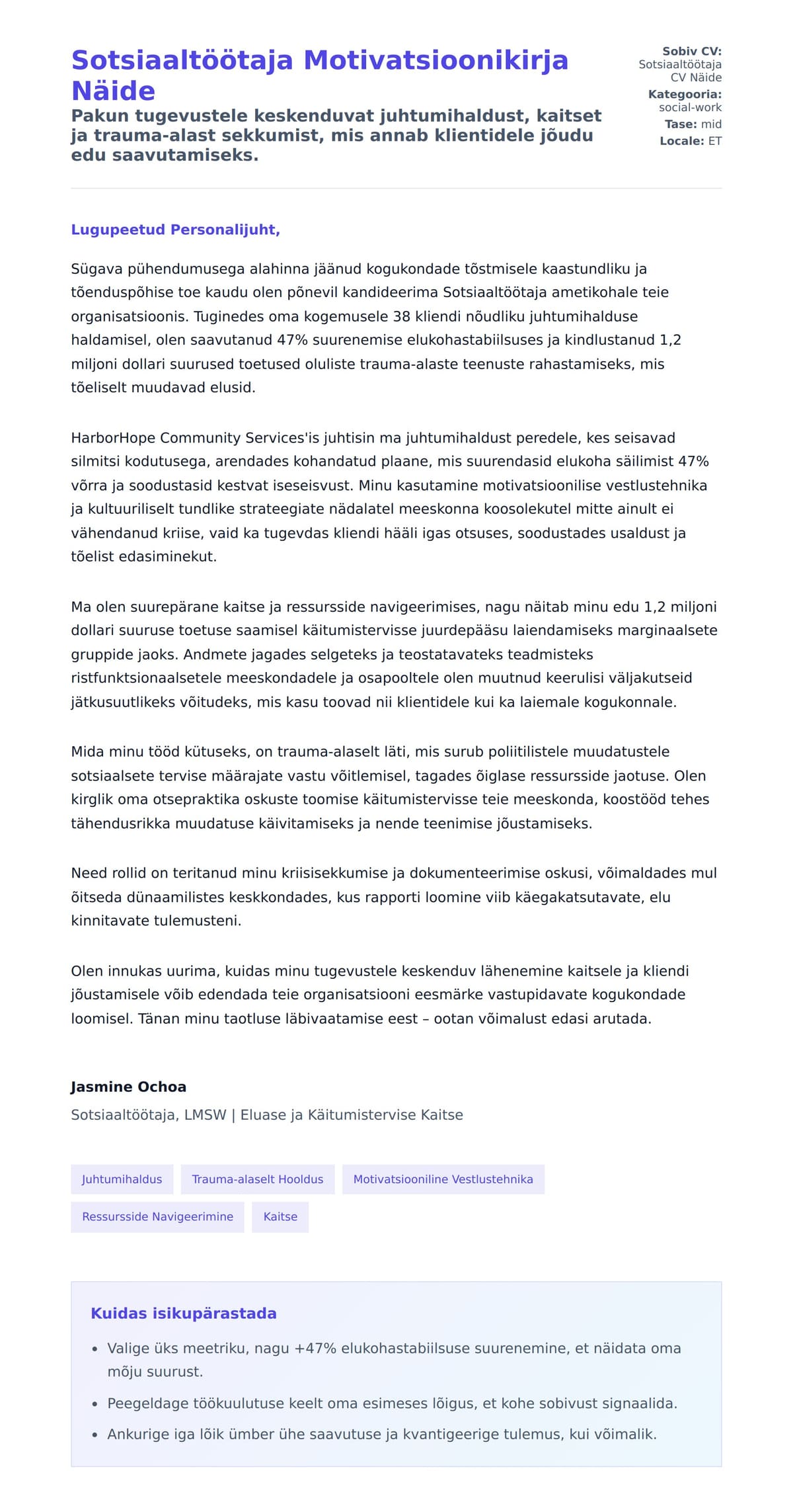 Kaaskirja eelvaade Sotsiaaltöötaja Motivatsioonikirja Näide jaoks