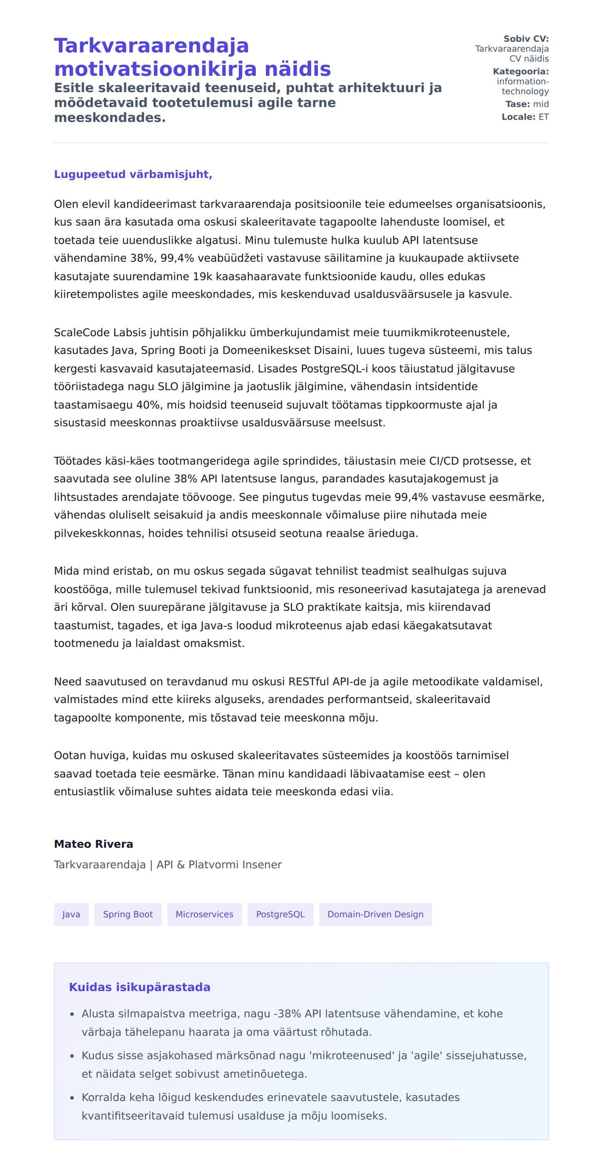 Kaaskirja eelvaade Tarkvaraarendaja motivatsioonikirja näidis jaoks