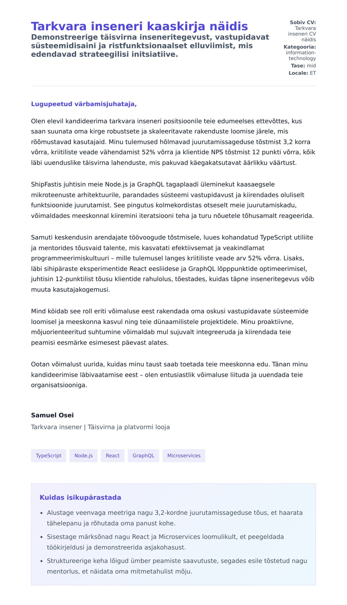 Kaaskirja eelvaade Tarkvara inseneri kaaskirja näidis jaoks