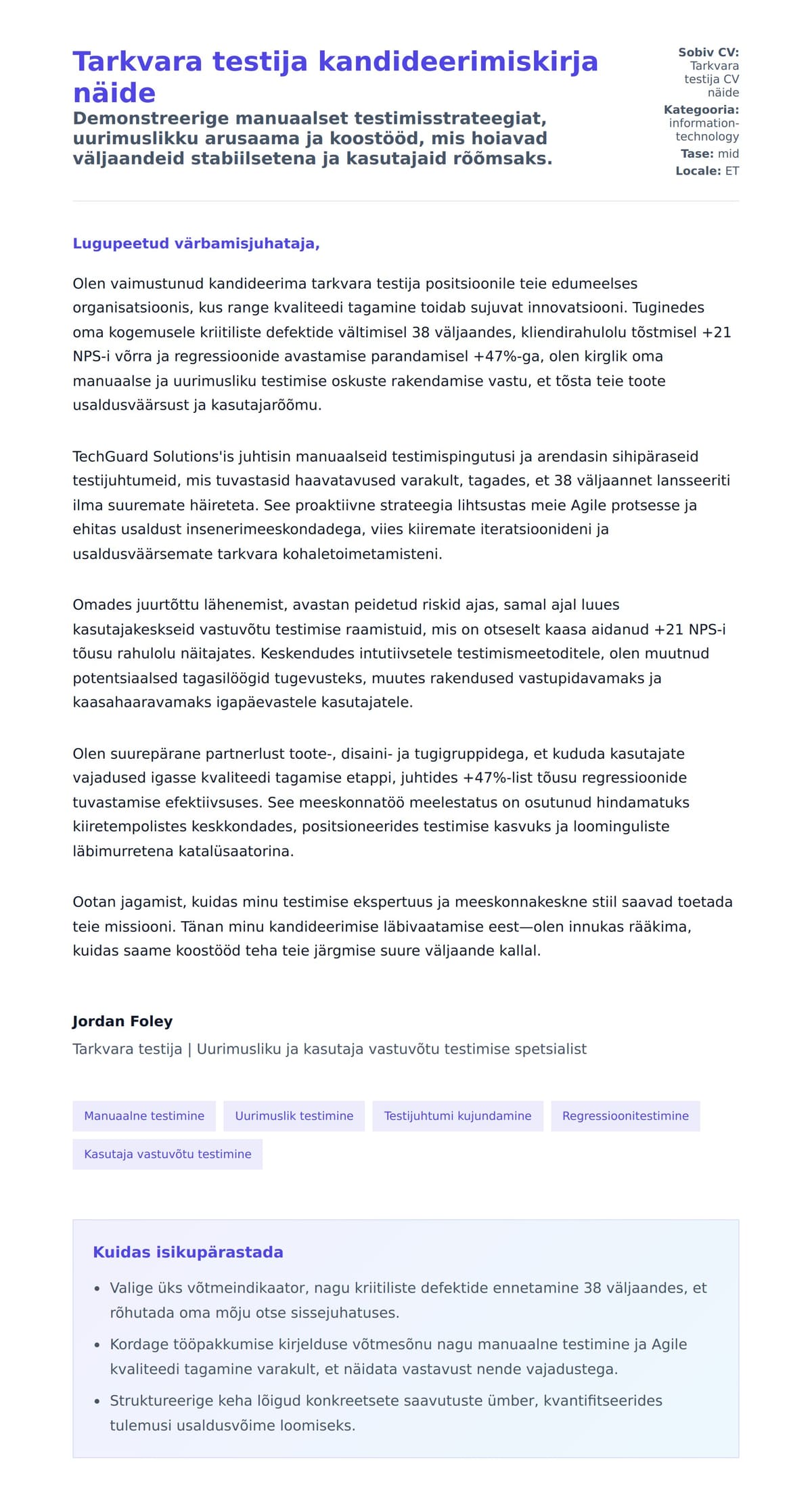 Kaaskirja eelvaade Tarkvara testija kandideerimiskirja näide jaoks