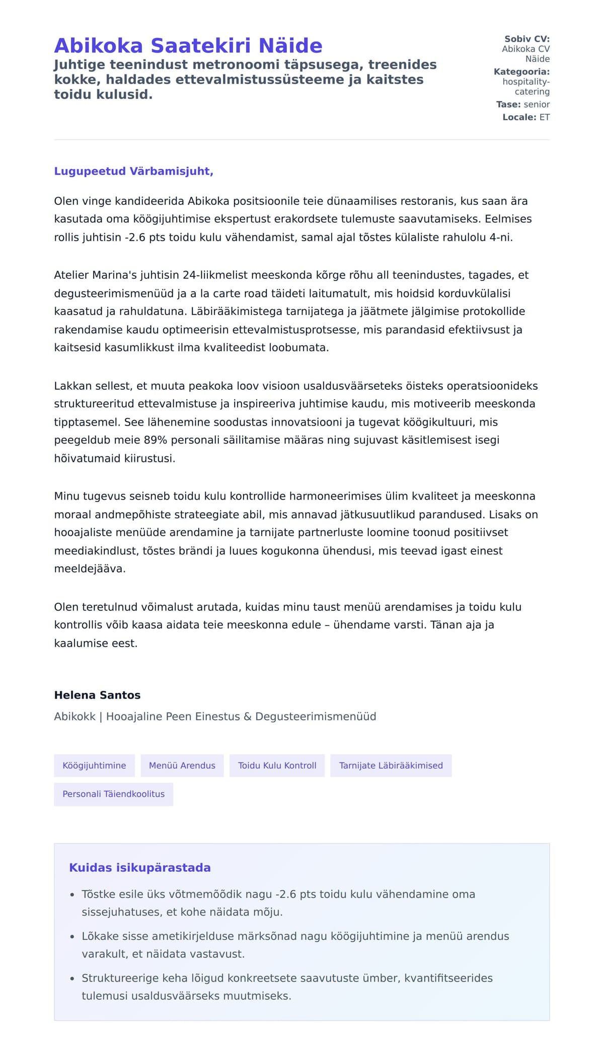 Kaaskirja eelvaade Abikoka Saatekiri Näide jaoks