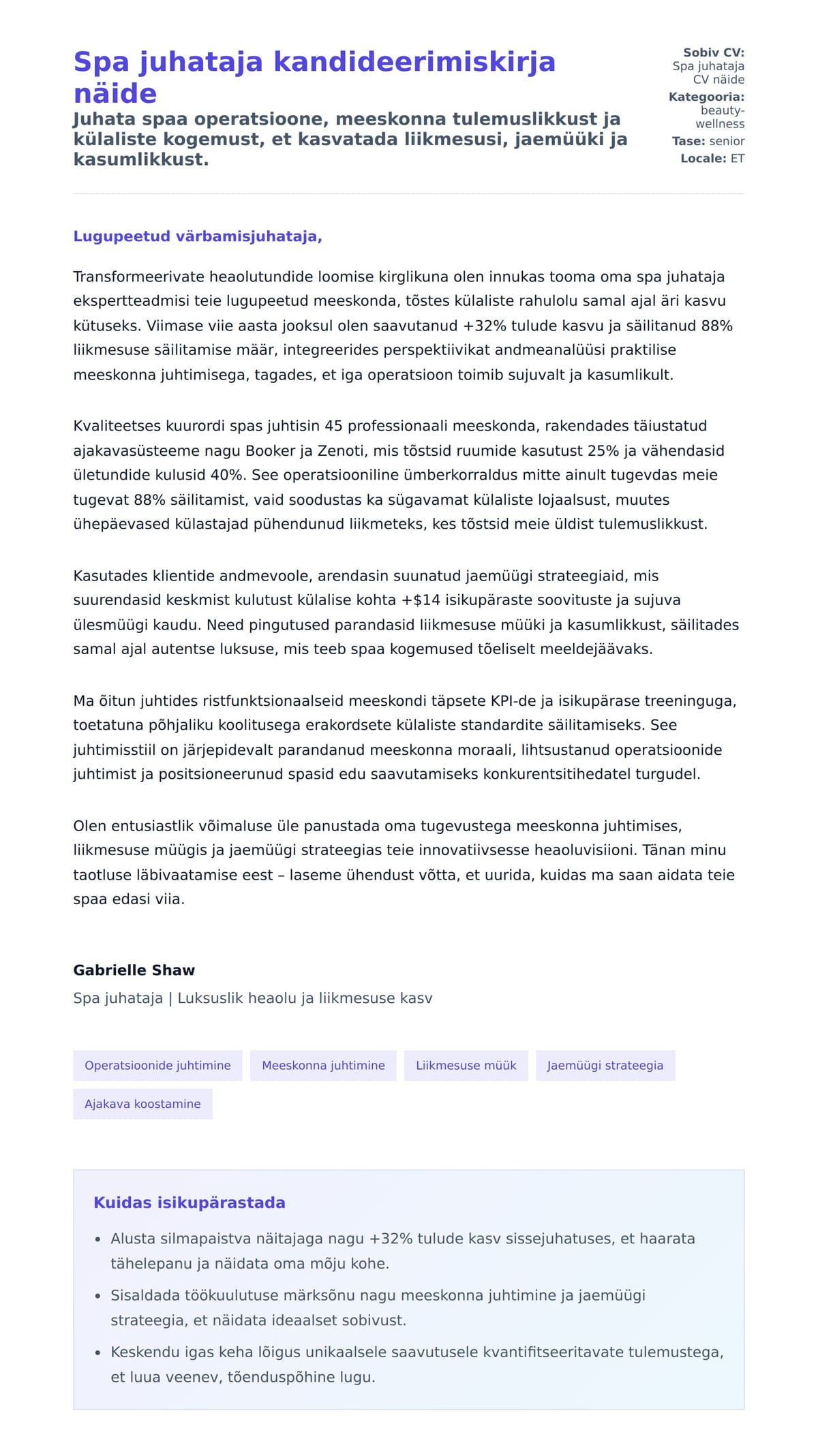 Kaaskirja eelvaade Spa juhataja kandideerimiskirja näide jaoks