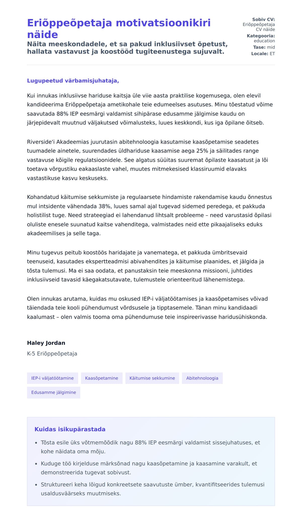Kaaskirja eelvaade Eriõppeõpetaja motivatsioonikiri näide jaoks