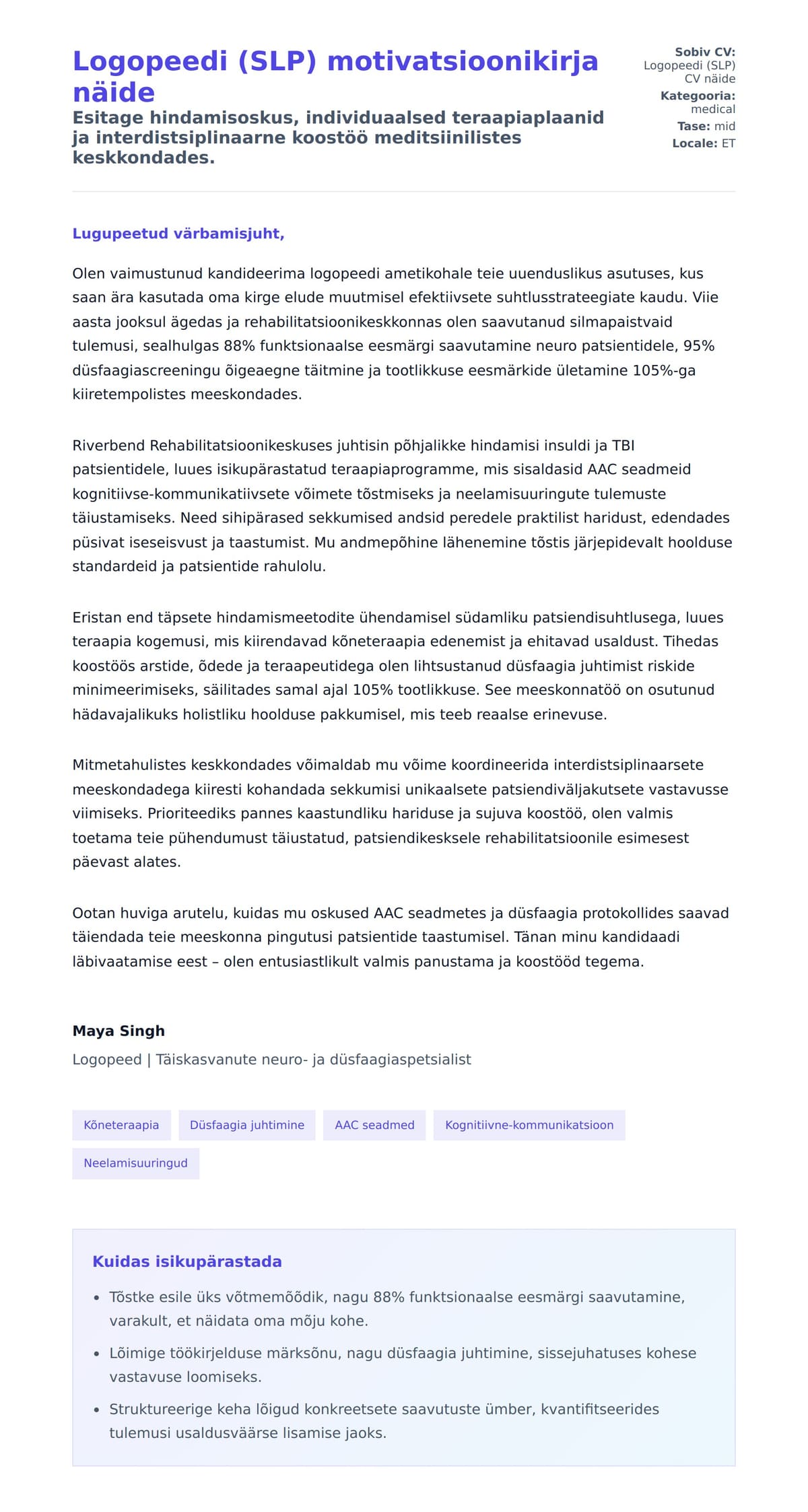 Kaaskirja eelvaade Logopeedi (SLP) motivatsioonikirja näide jaoks