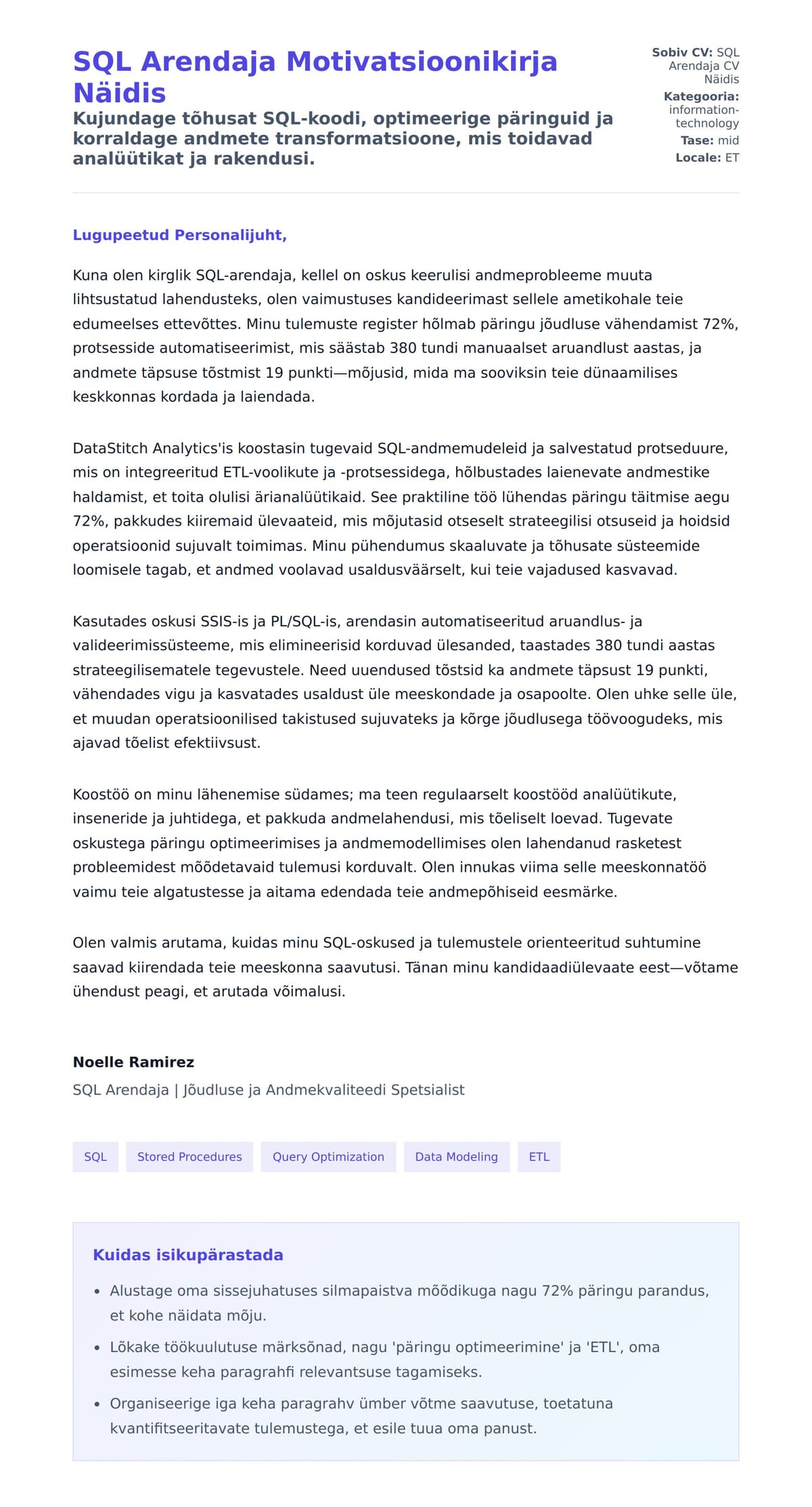 Kaaskirja eelvaade SQL Arendaja Motivatsioonikirja Näidis jaoks