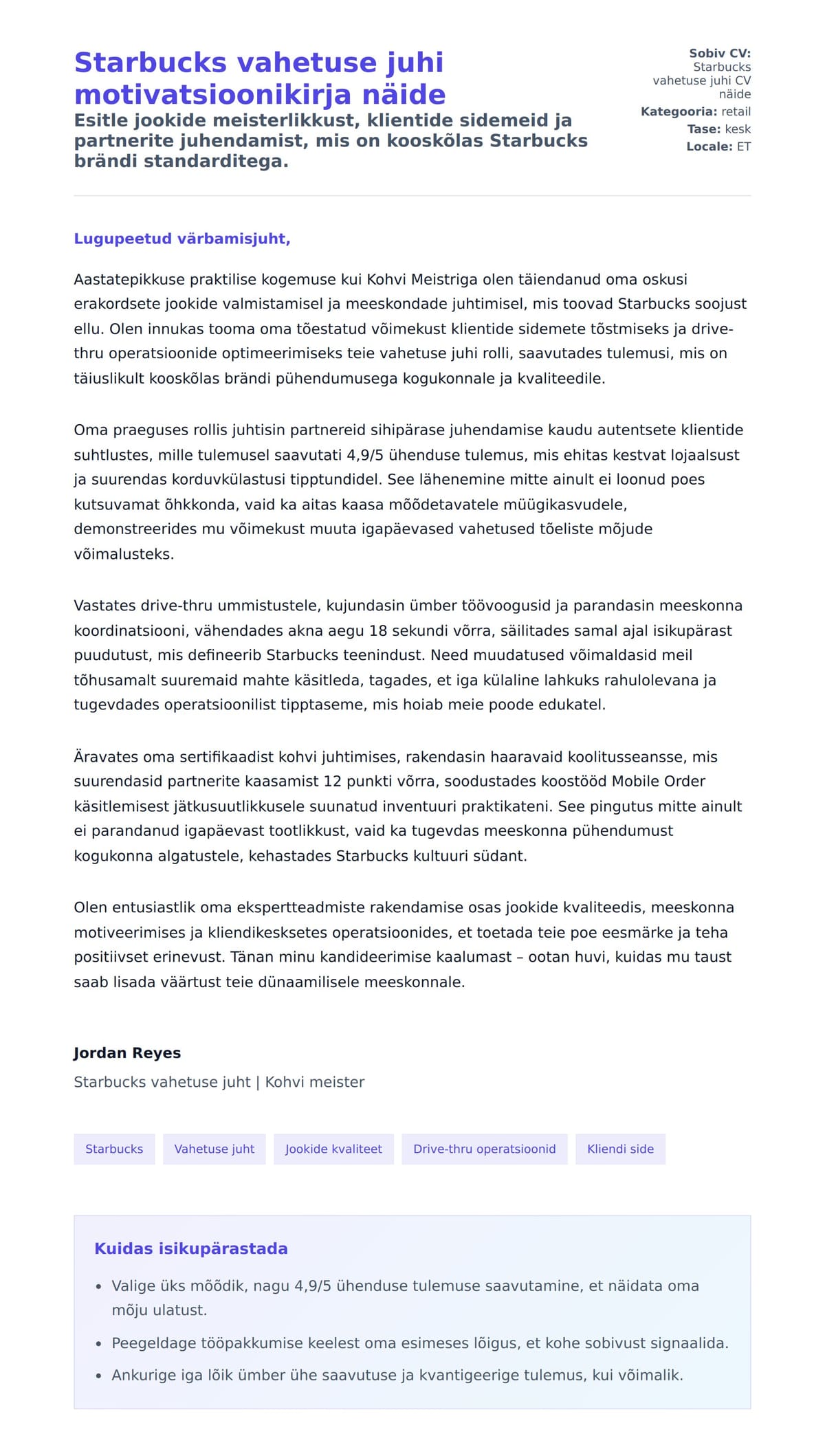 Kaaskirja eelvaade Starbucks vahetuse juhi motivatsioonikirja näide jaoks