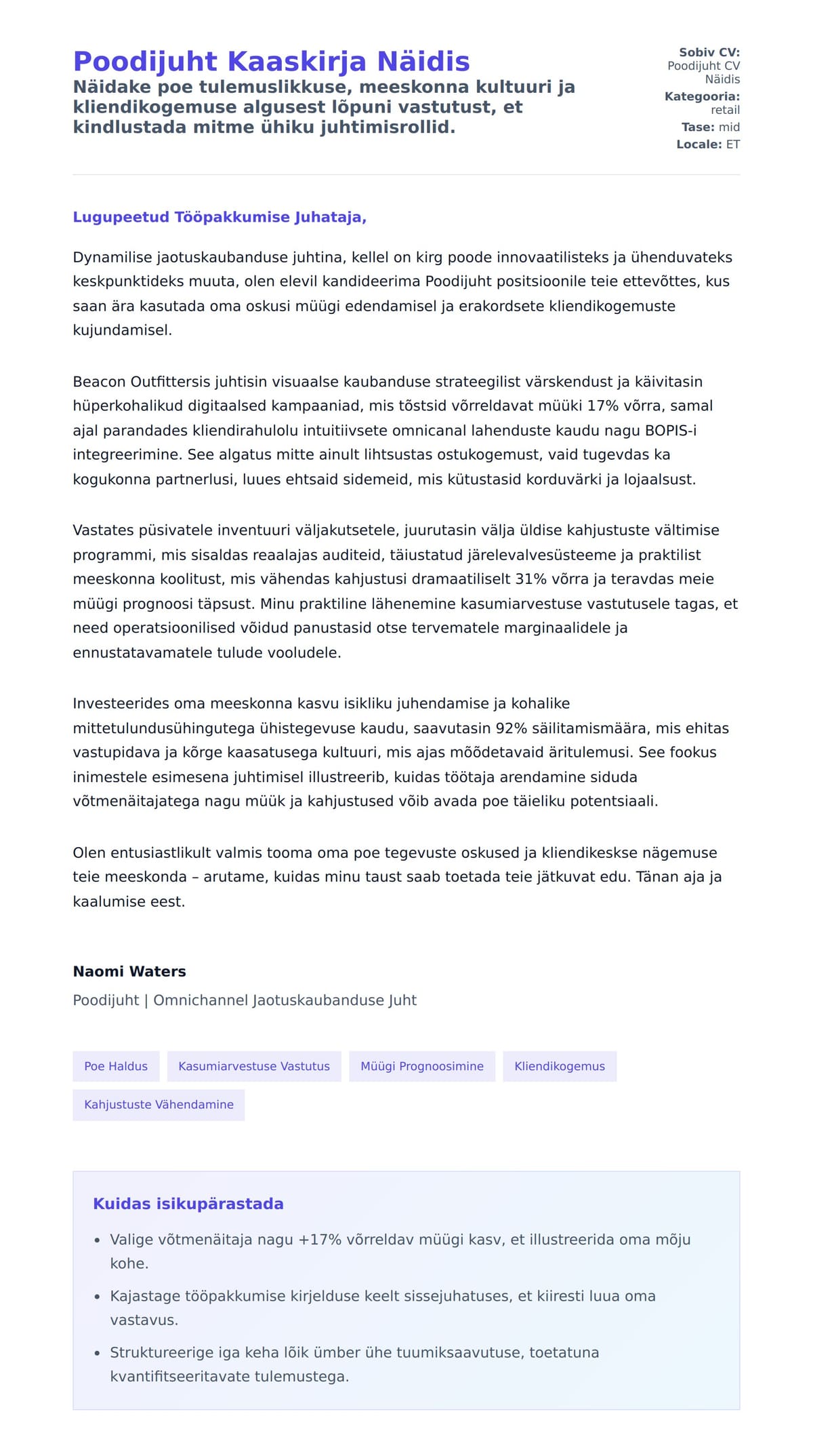 Kaaskirja eelvaade Poodijuht Kaaskirja Näidis jaoks