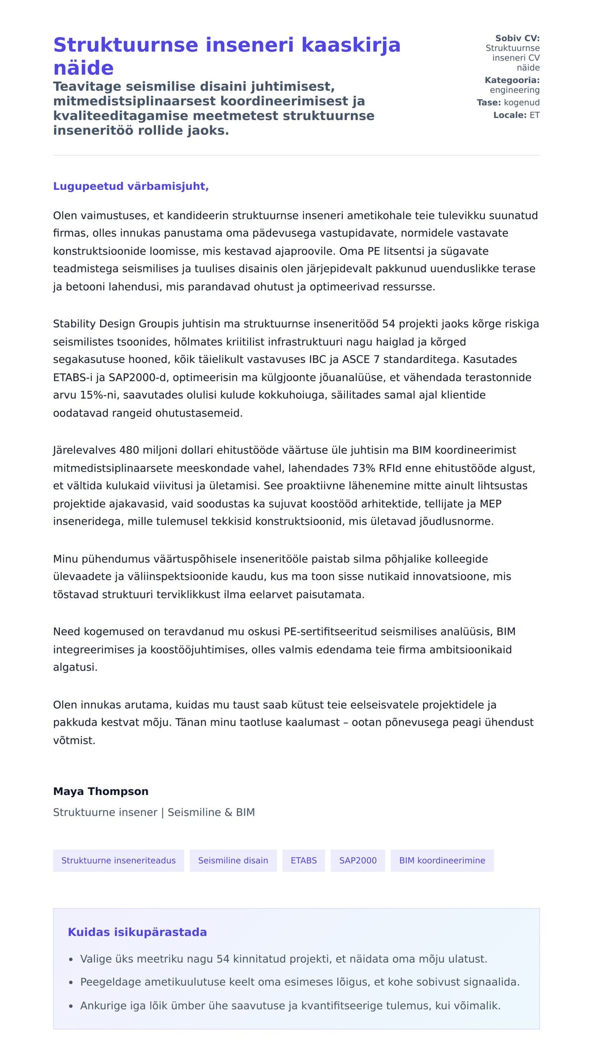 Kaaskirja eelvaade Struktuurnse inseneri kaaskirja näide jaoks