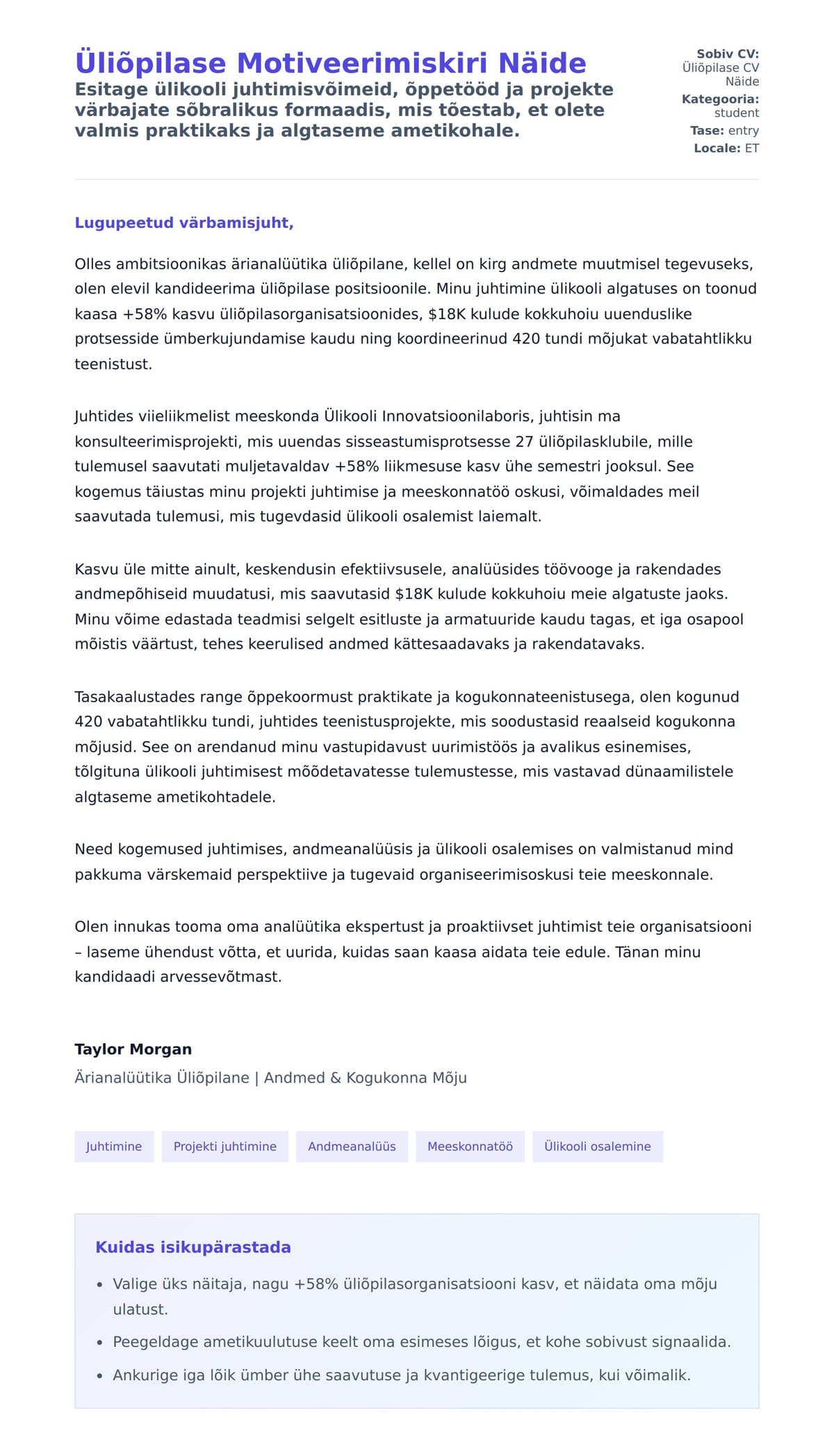 Kaaskirja eelvaade Üliõpilase Motiveerimiskiri Näide jaoks