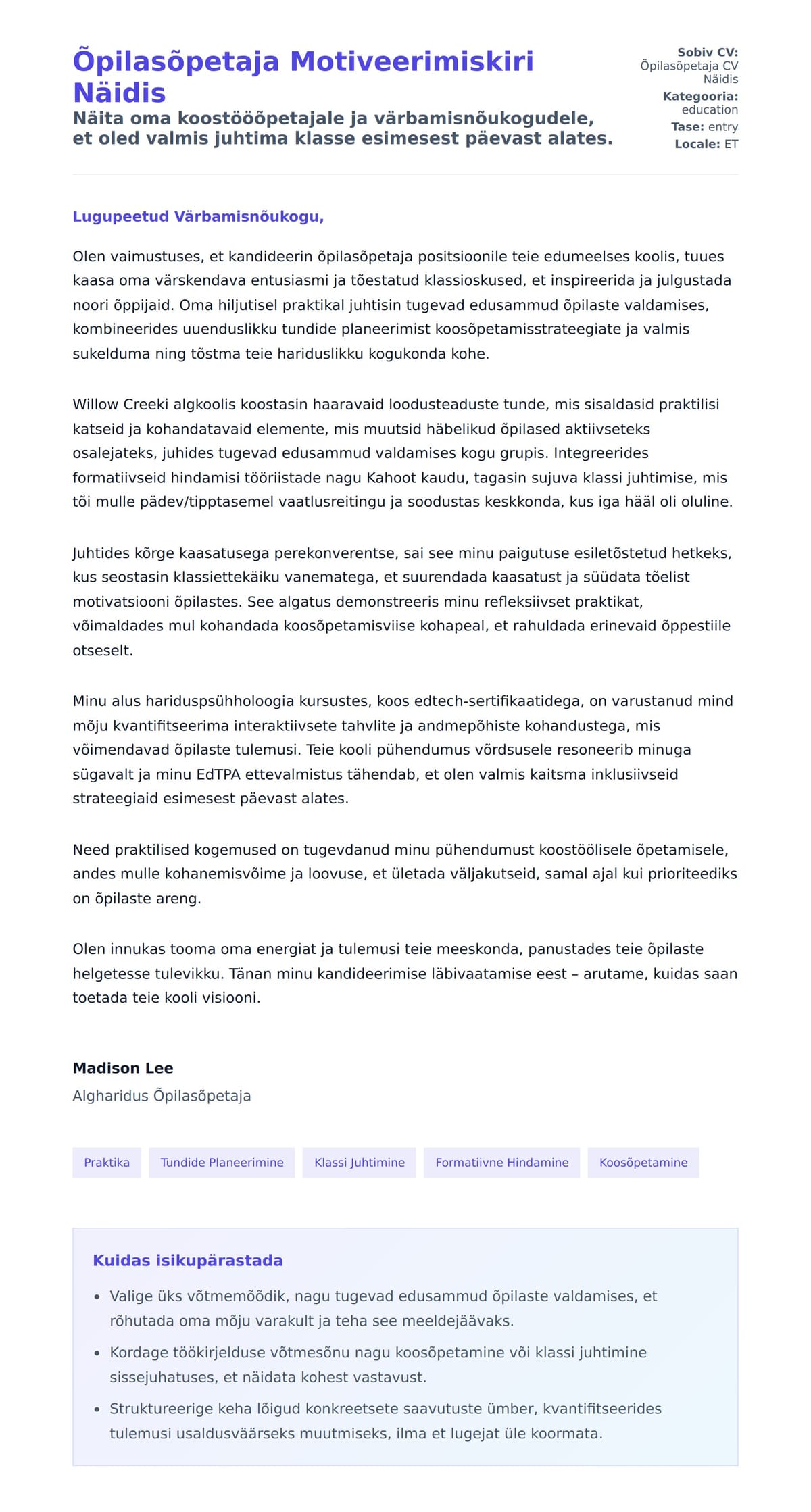 Kaaskirja eelvaade Õpilasõpetaja Motiveerimiskiri Näidis jaoks
