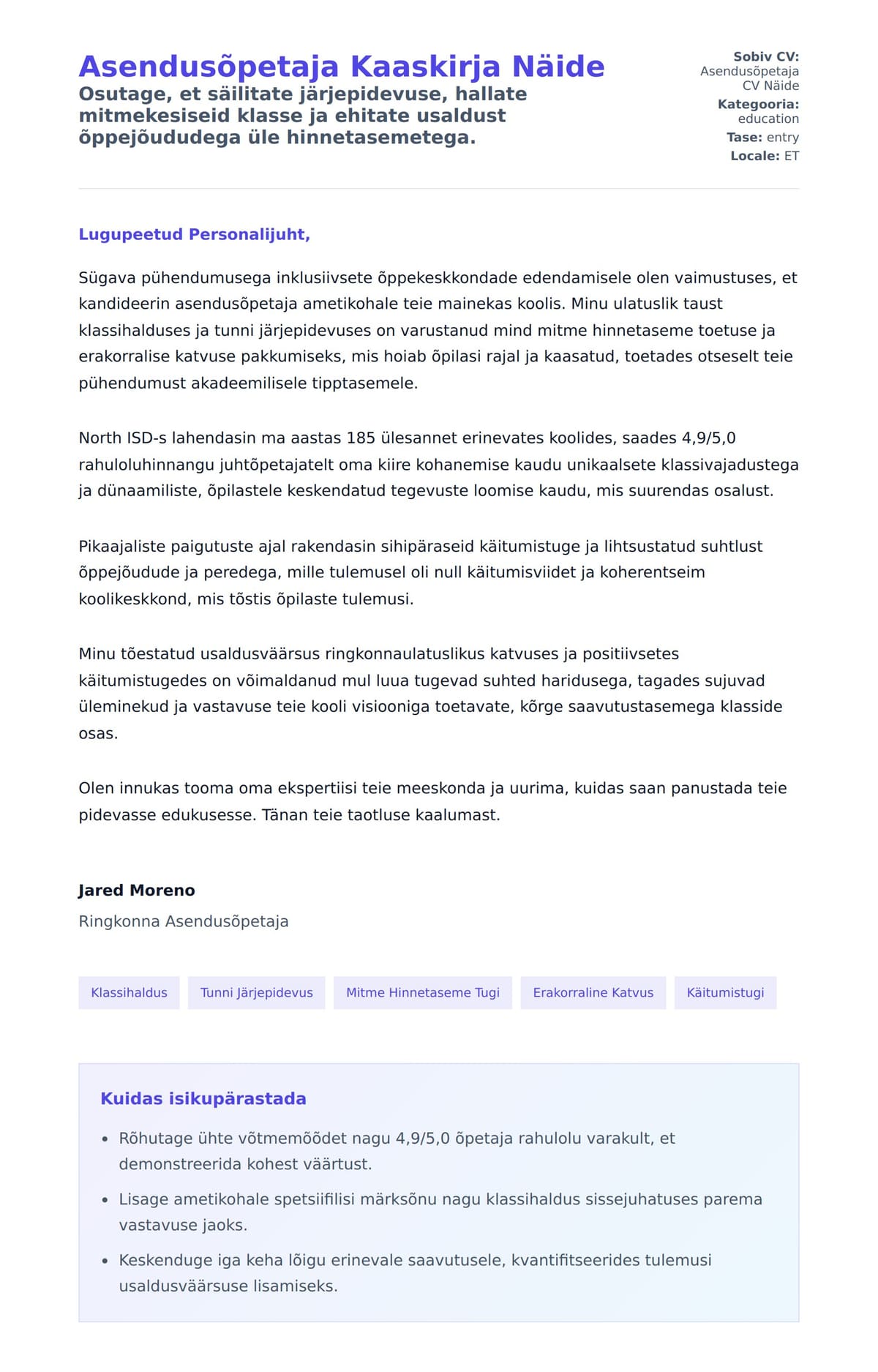 Kaaskirja eelvaade Asendusõpetaja Kaaskirja Näide jaoks