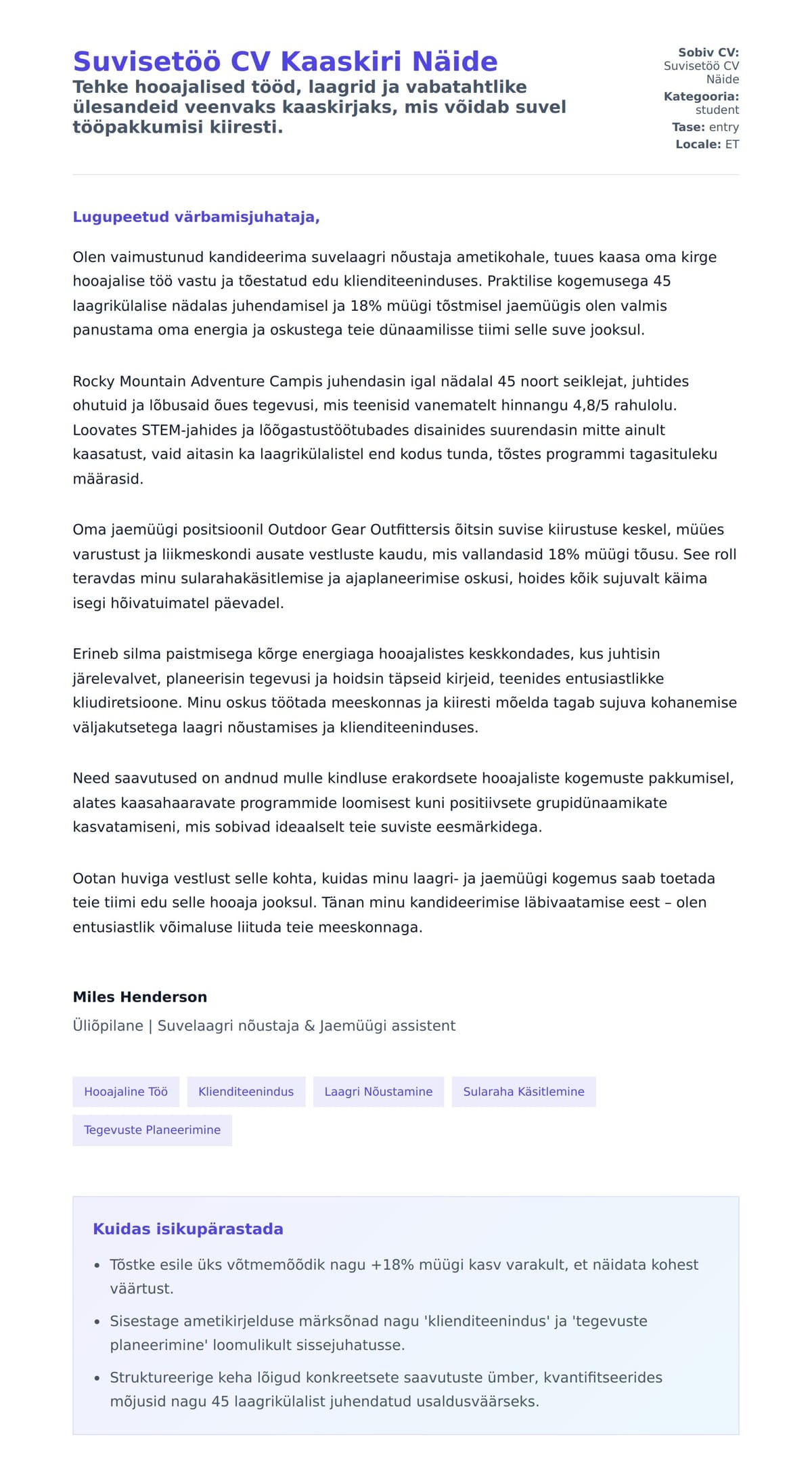 Kaaskirja eelvaade Suvisetöö CV Kaaskiri Näide jaoks