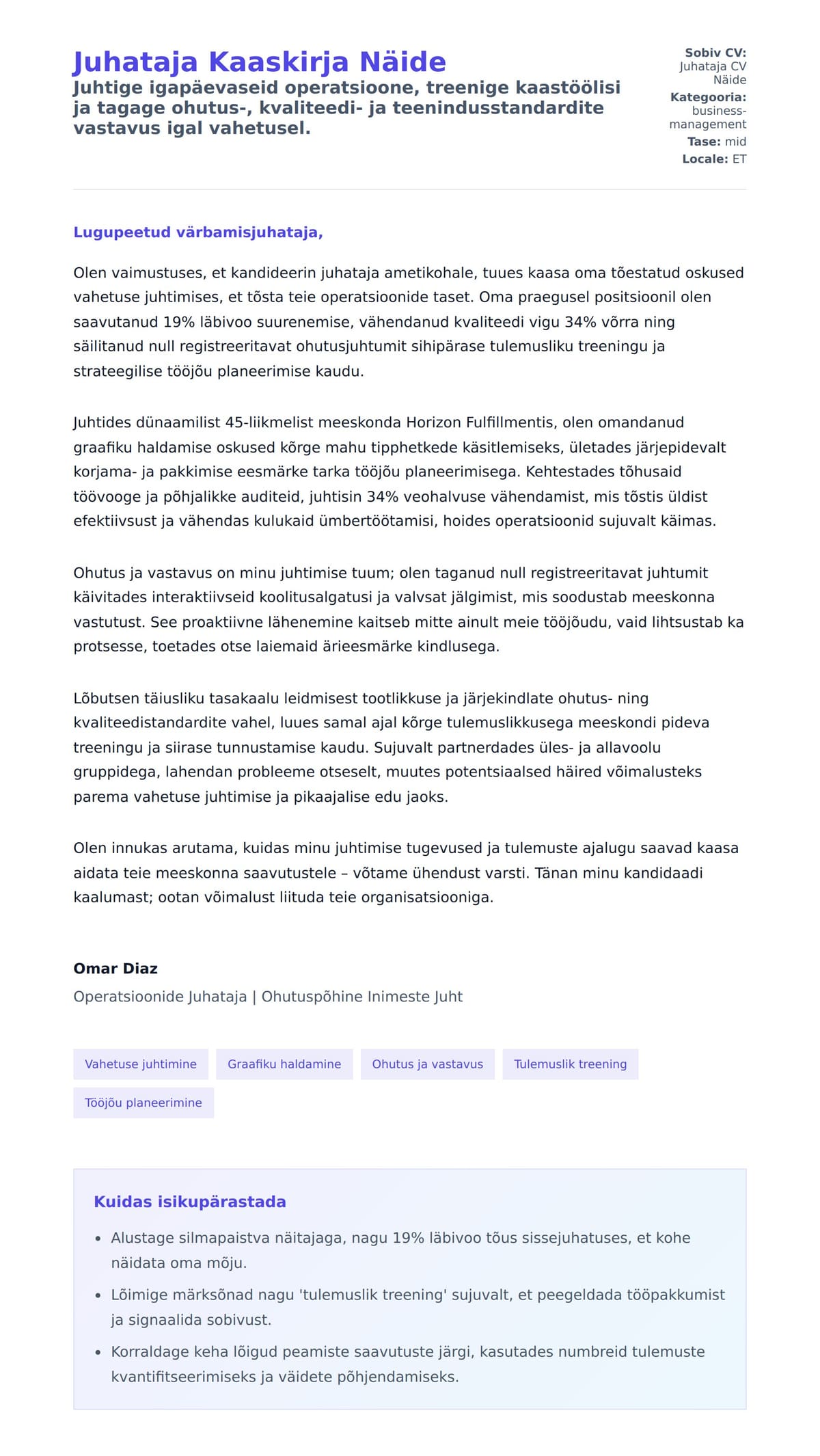 Kaaskirja eelvaade Juhataja Kaaskirja Näide jaoks