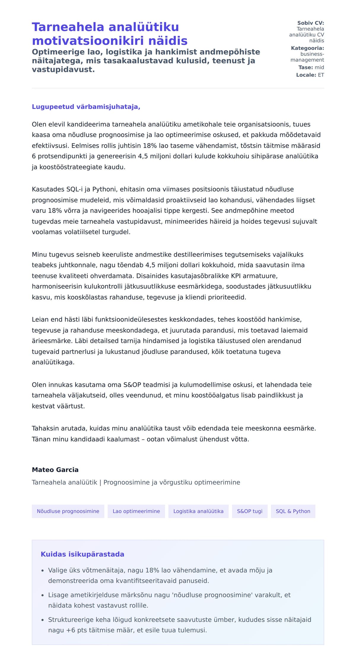 Kaaskirja eelvaade Tarneahela analüütiku motivatsioonikiri näidis jaoks