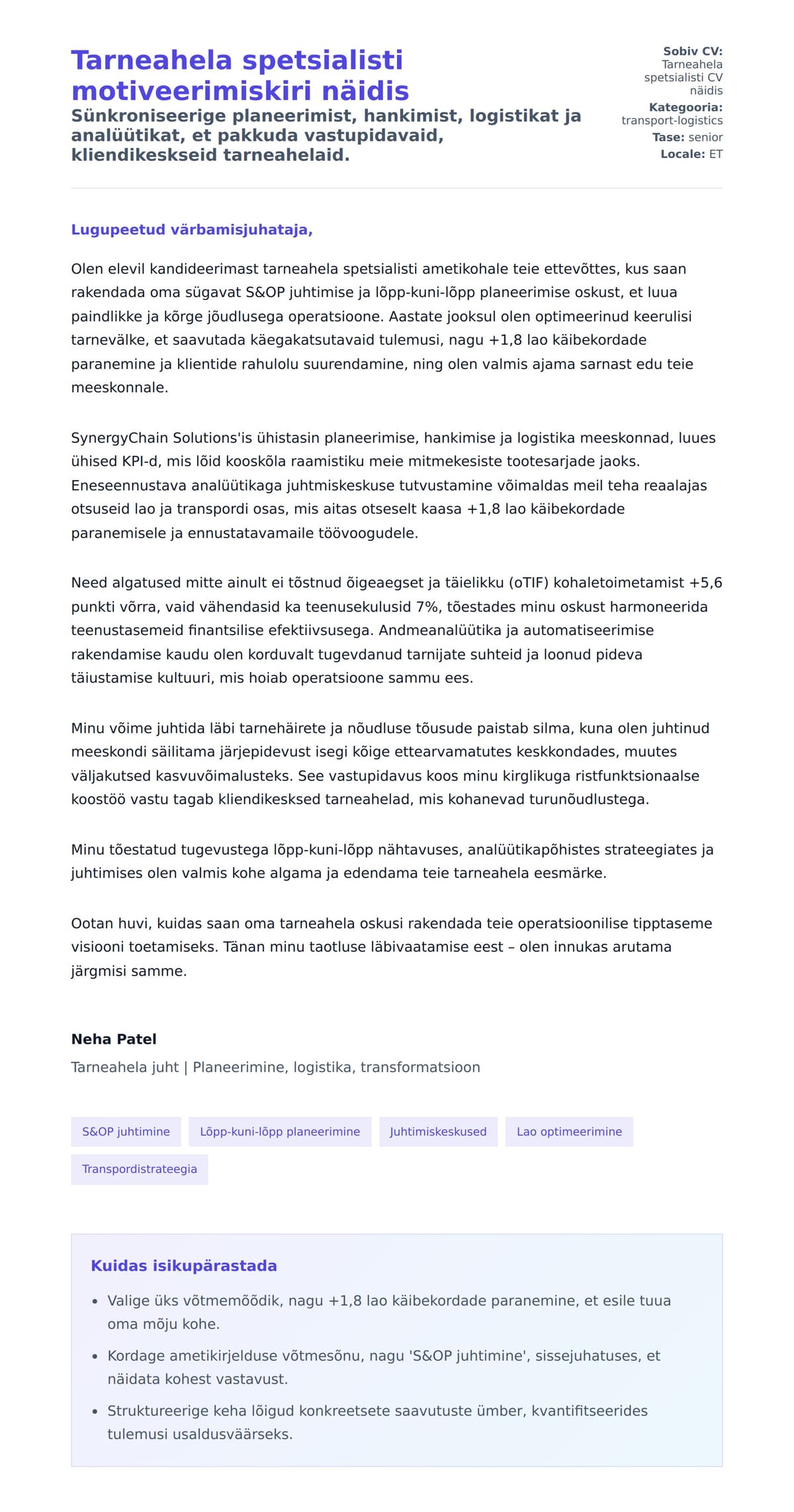 Kaaskirja eelvaade Tarneahela spetsialisti motiveerimiskiri näidis jaoks