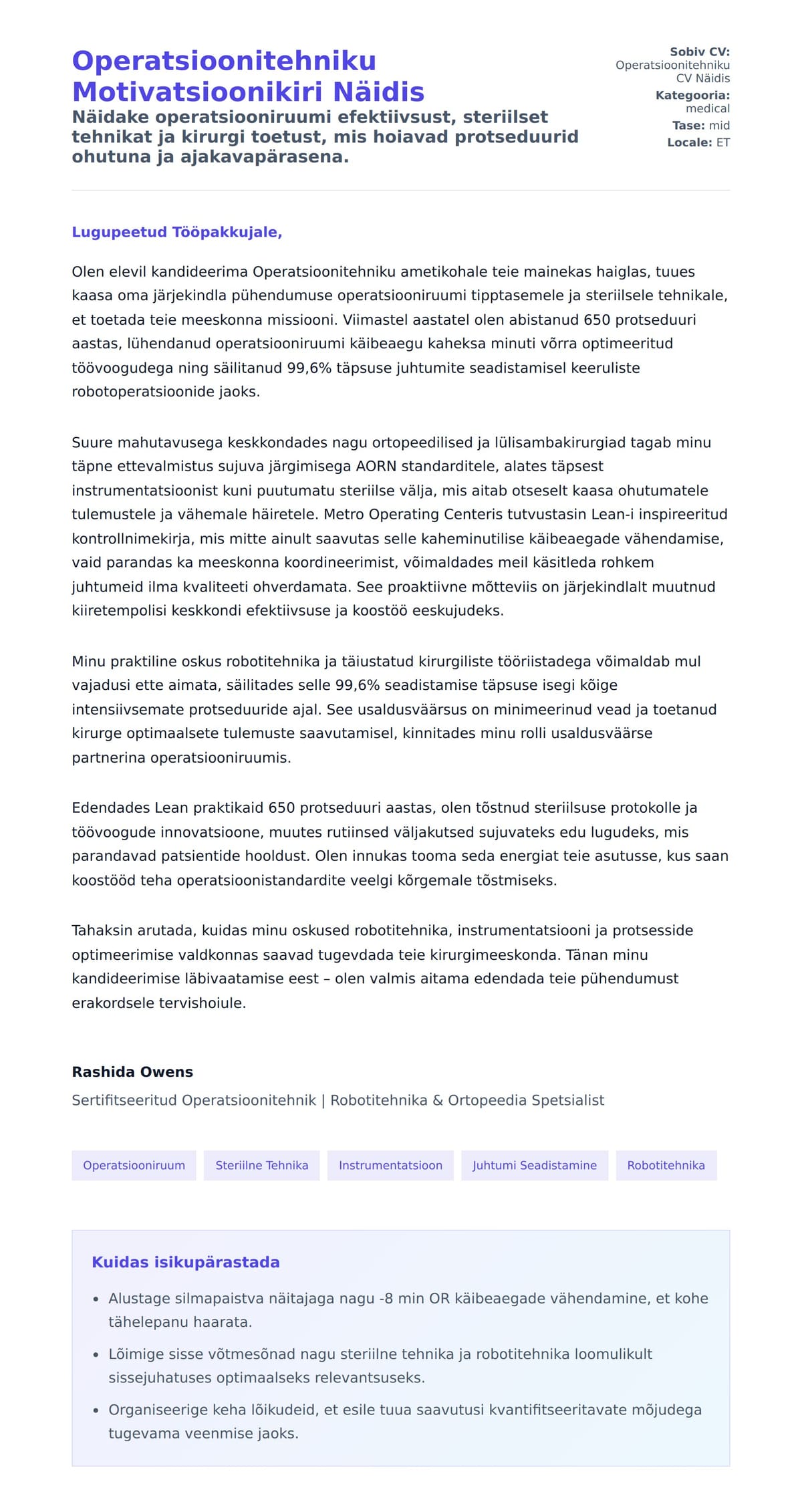 Kaaskirja eelvaade Operatsioonitehniku Motivatsioonikiri Näidis jaoks