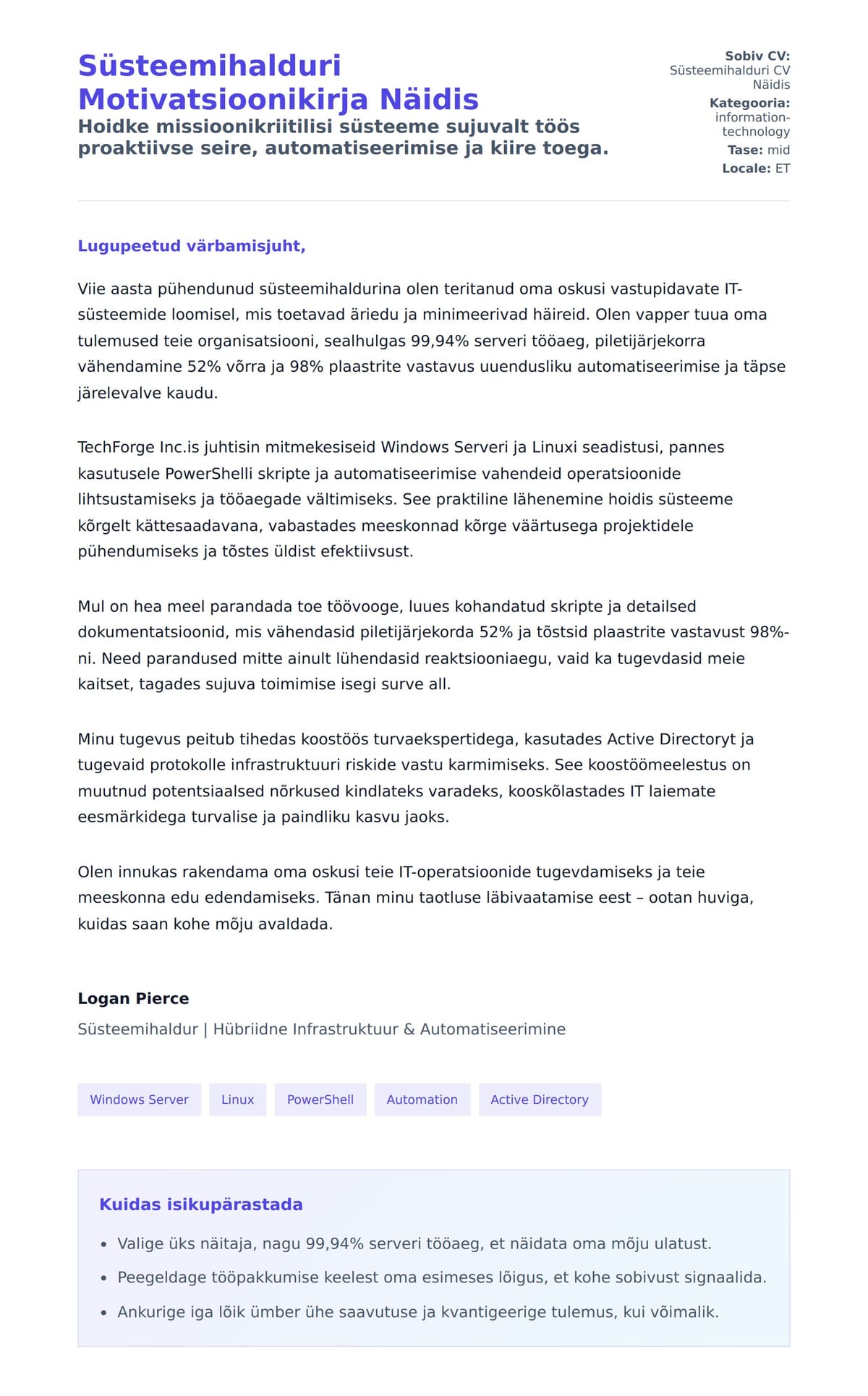 Kaaskirja eelvaade Süsteemihalduri Motivatsioonikirja Näidis jaoks