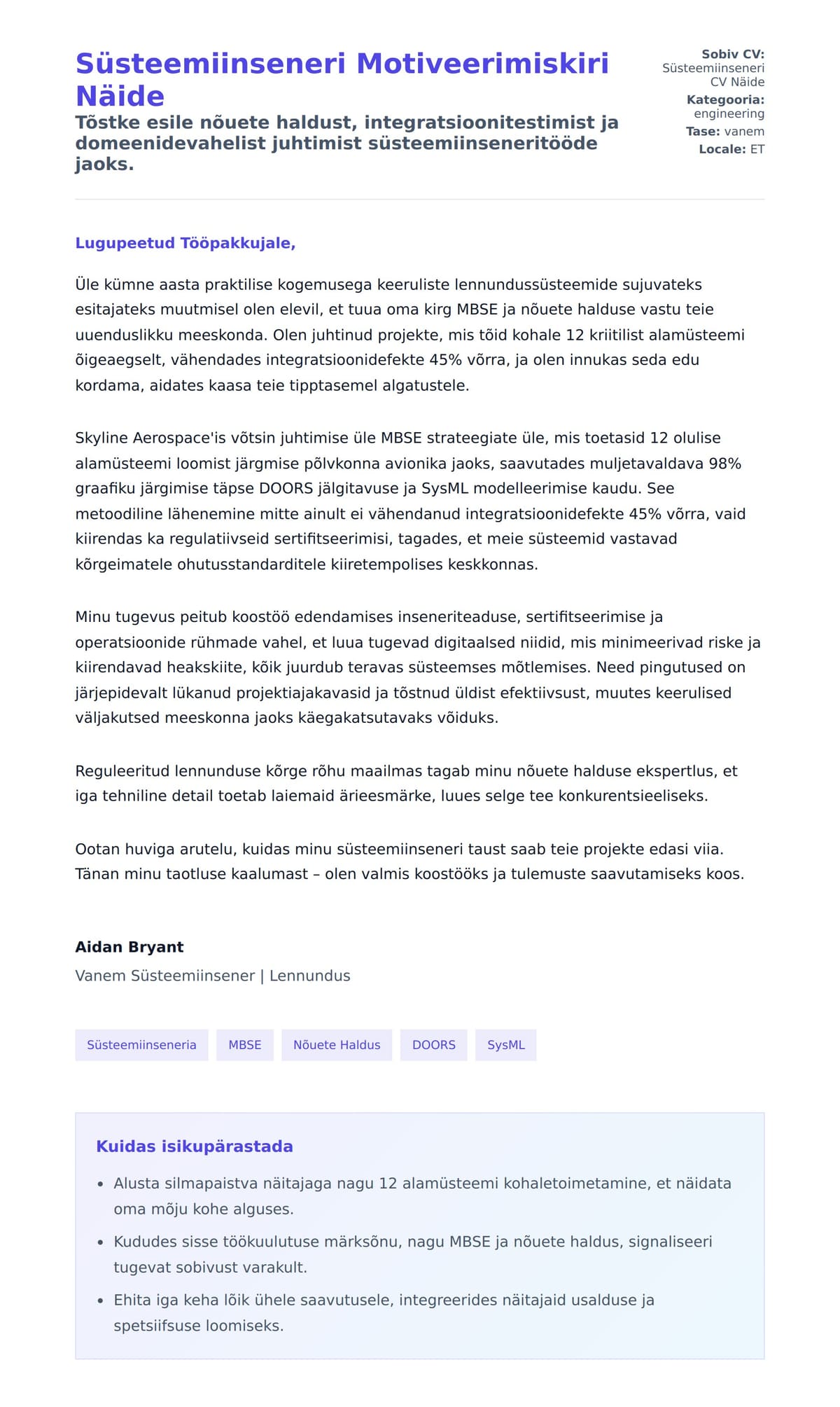 Kaaskirja eelvaade Süsteemiinseneri Motiveerimiskiri Näide jaoks
