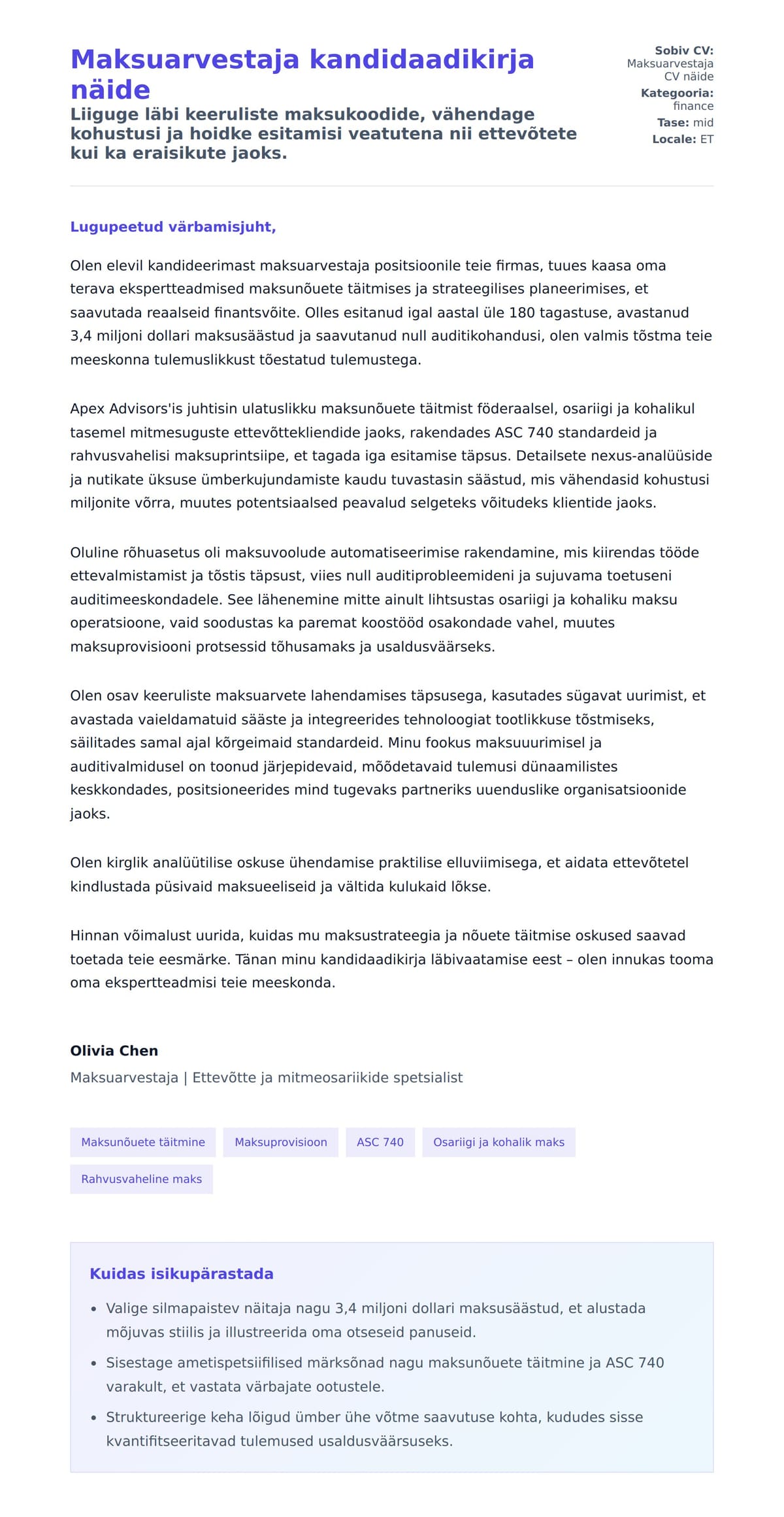 Kaaskirja eelvaade Maksuarvestaja kandidaadikirja näide jaoks