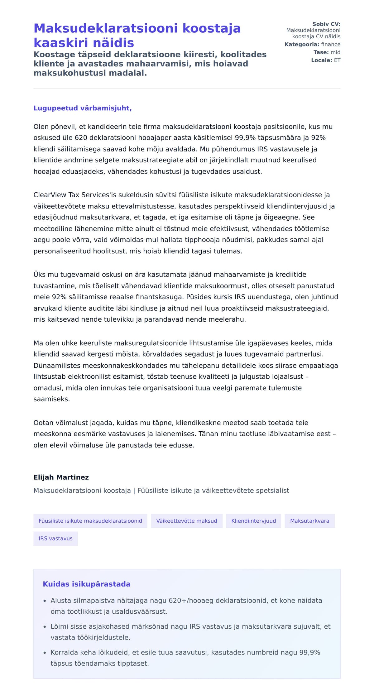 Kaaskirja eelvaade Maksudeklaratsiooni koostaja kaaskiri näidis jaoks