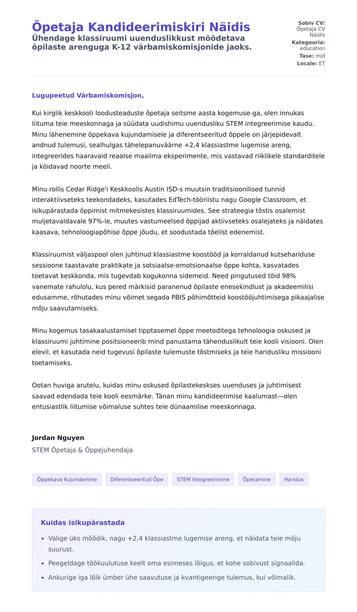 Kaaskirja eelvaade Õpetaja Kandideerimiskiri Näidis jaoks