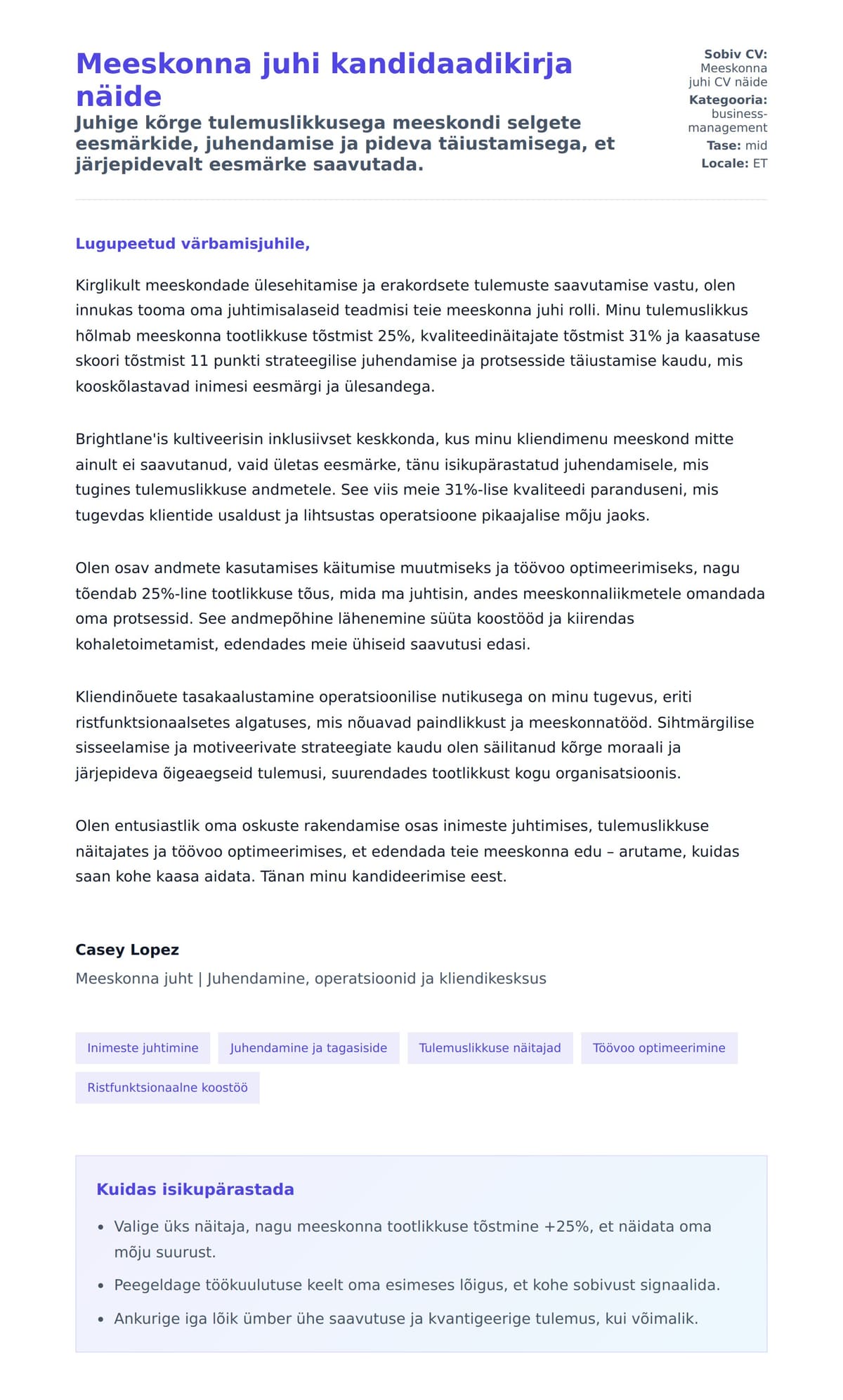 Kaaskirja eelvaade Meeskonna juhi kandidaadikirja näide jaoks