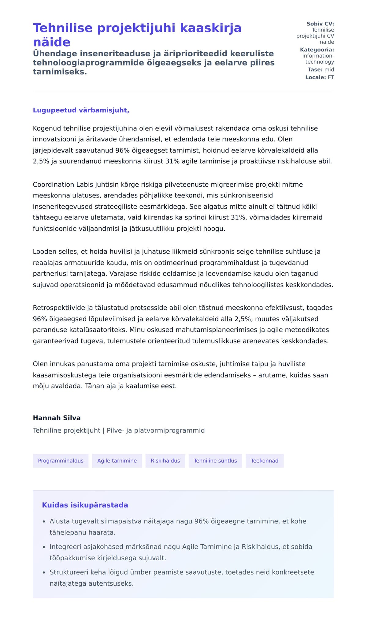Kaaskirja eelvaade Tehnilise projektijuhi kaaskirja näide jaoks