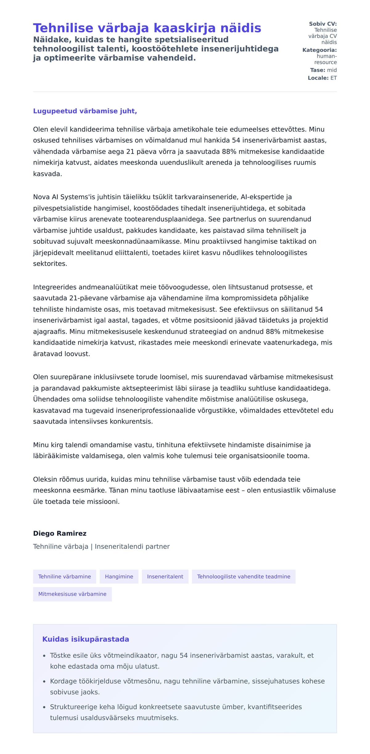 Kaaskirja eelvaade Tehnilise värbaja kaaskirja näidis jaoks