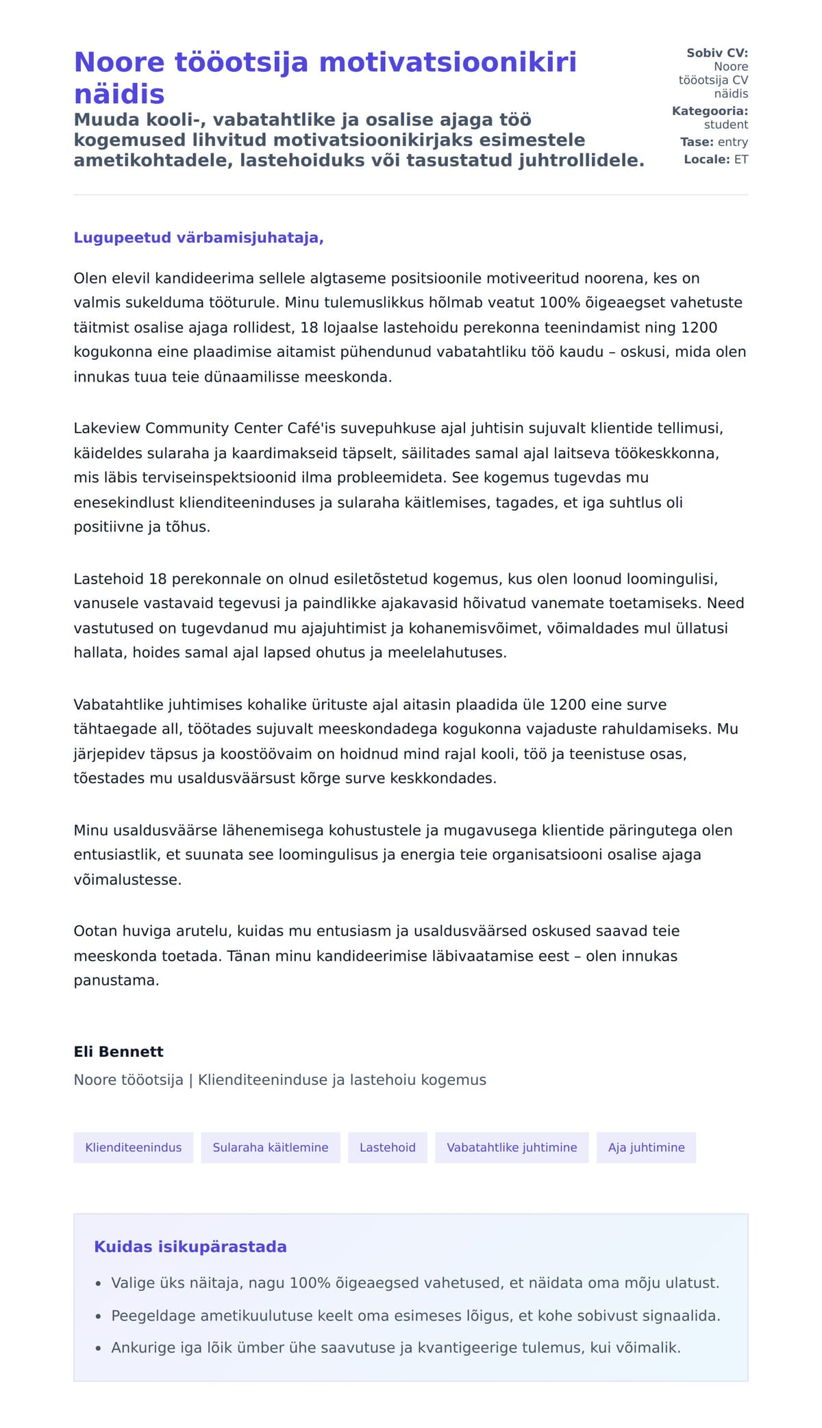 Kaaskirja eelvaade Noore tööotsija motivatsioonikiri näidis jaoks