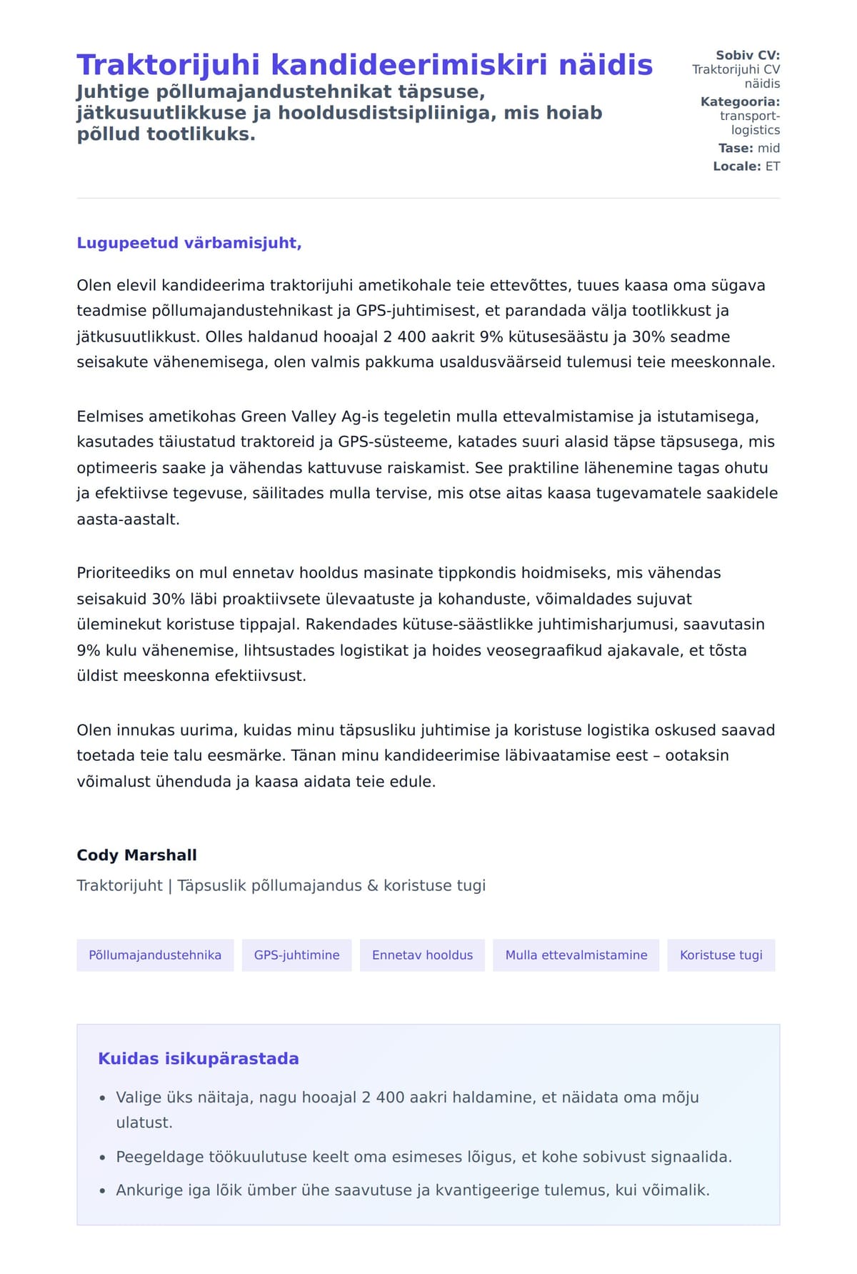 Kaaskirja eelvaade Traktorijuhi kandideerimiskiri näidis jaoks