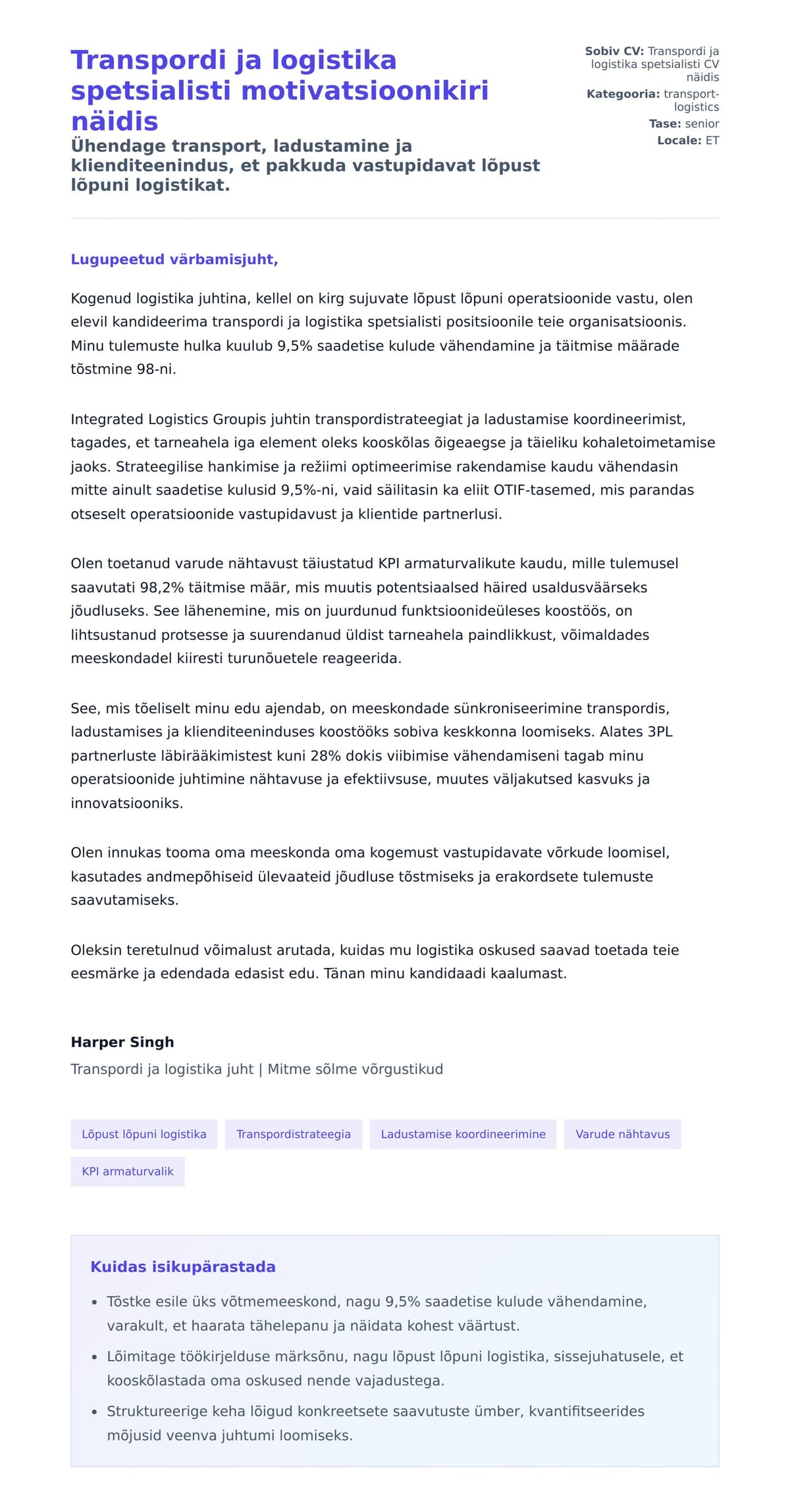 Kaaskirja eelvaade Transpordi ja logistika spetsialisti motivatsioonikiri näidis jaoks