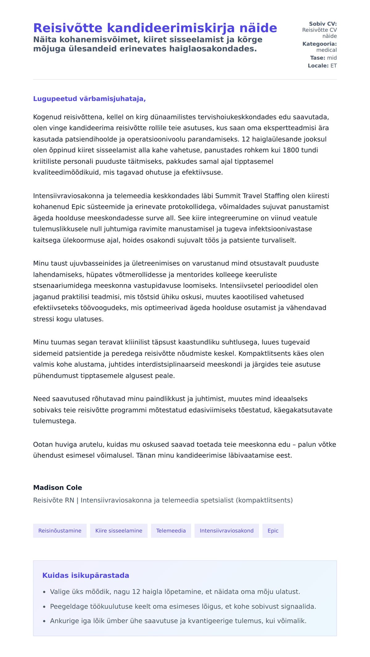 Kaaskirja eelvaade Reisivõtte kandideerimiskirja näide jaoks