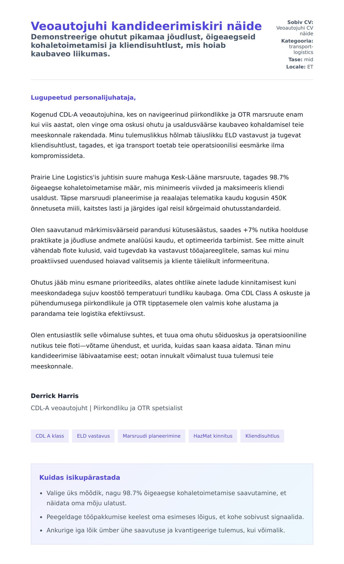 Kaaskirja eelvaade Veoautojuhi kandideerimiskiri näide jaoks