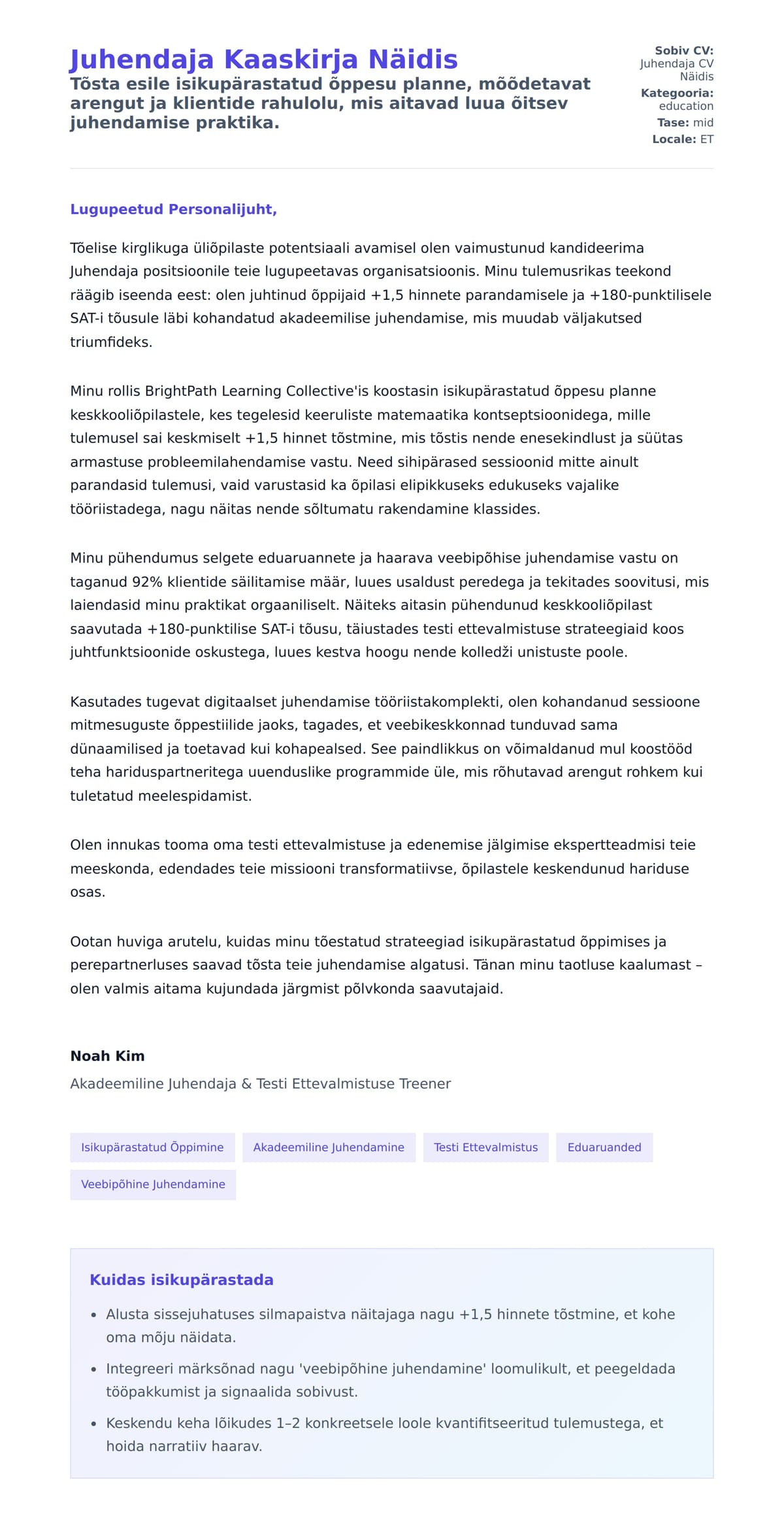 Kaaskirja eelvaade Juhendaja Kaaskirja Näidis jaoks