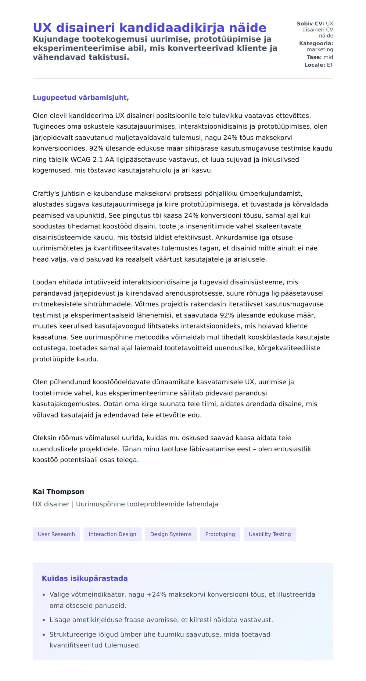 Kaaskirja eelvaade UX disaineri kandidaadikirja näide jaoks