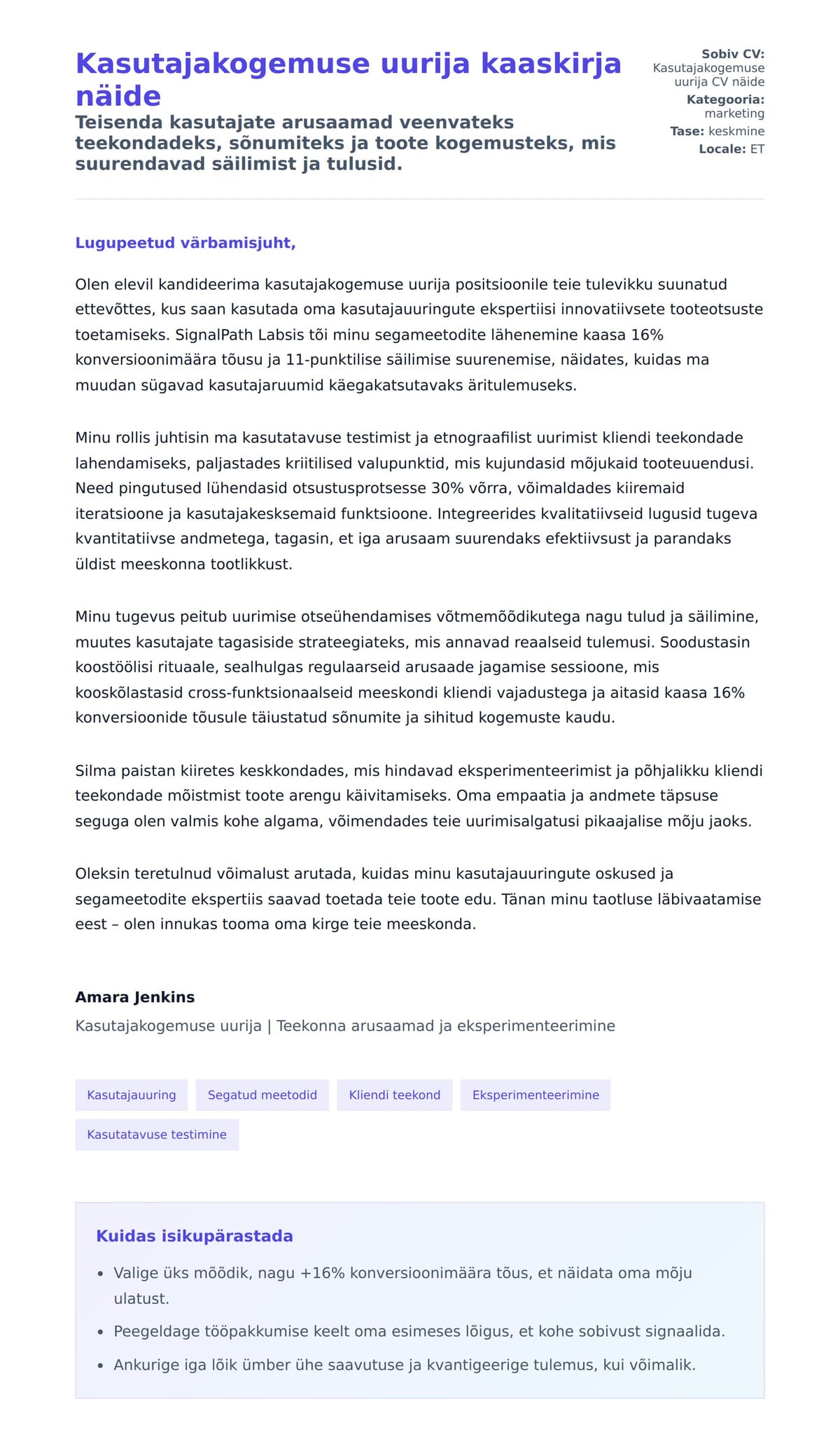 Kaaskirja eelvaade Kasutajakogemuse uurija kaaskirja näide jaoks