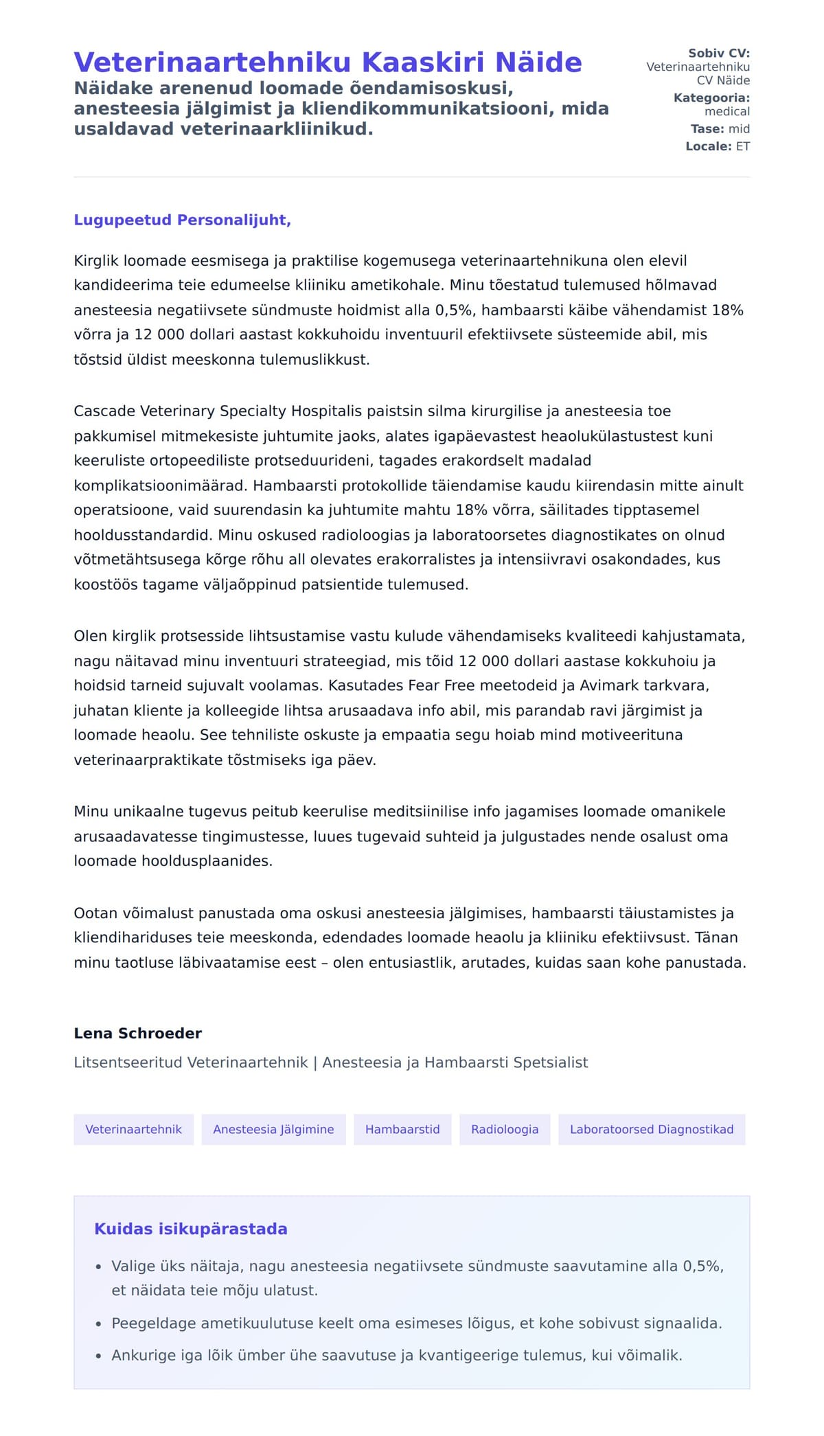 Kaaskirja eelvaade Veterinaartehniku Kaaskiri Näide jaoks