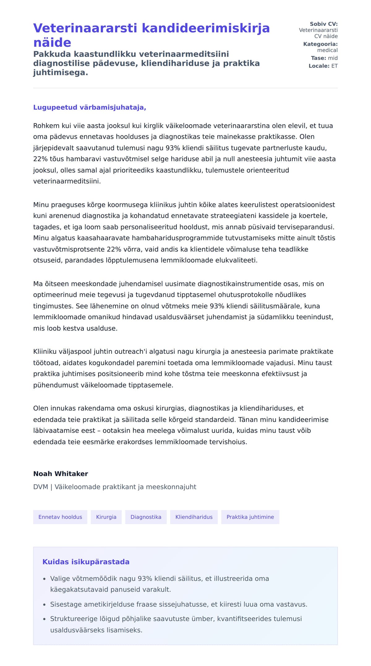 Kaaskirja eelvaade Veterinaararsti kandideerimiskirja näide jaoks